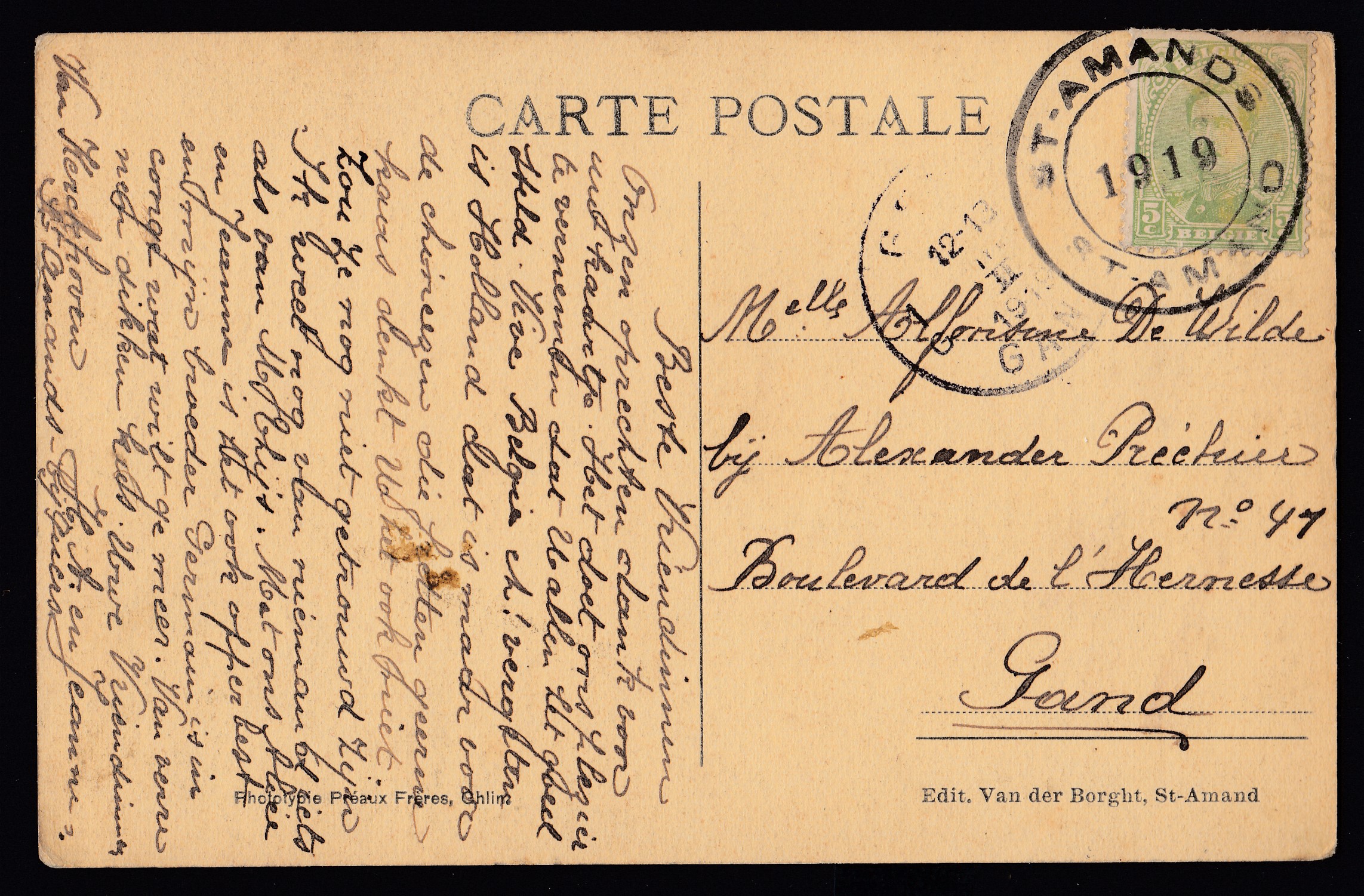 137 sur Cp de St-Amands en 1919 ( Cachet caoutchouc de fortune) vers Gand. Càd au verso.