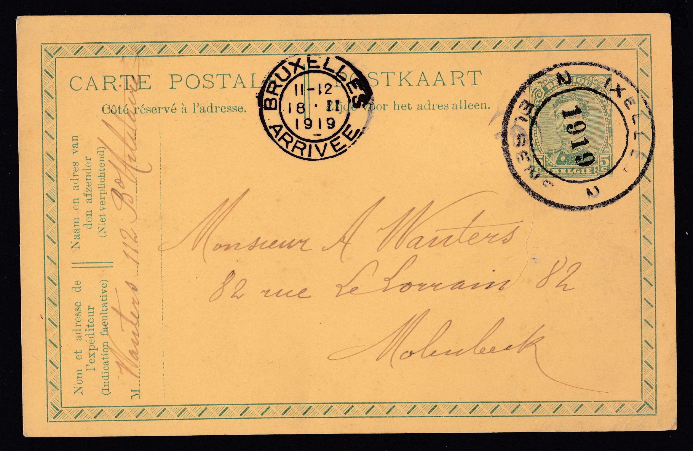 Ep5c type «  Emission de 1915 -Tp 137 » d'Ixelles Elsene ( Cachet de fortune »caoutchouc avec 1919 au centre ») vers Molenbeek. Càd àL le 18.II.1919 au recto.