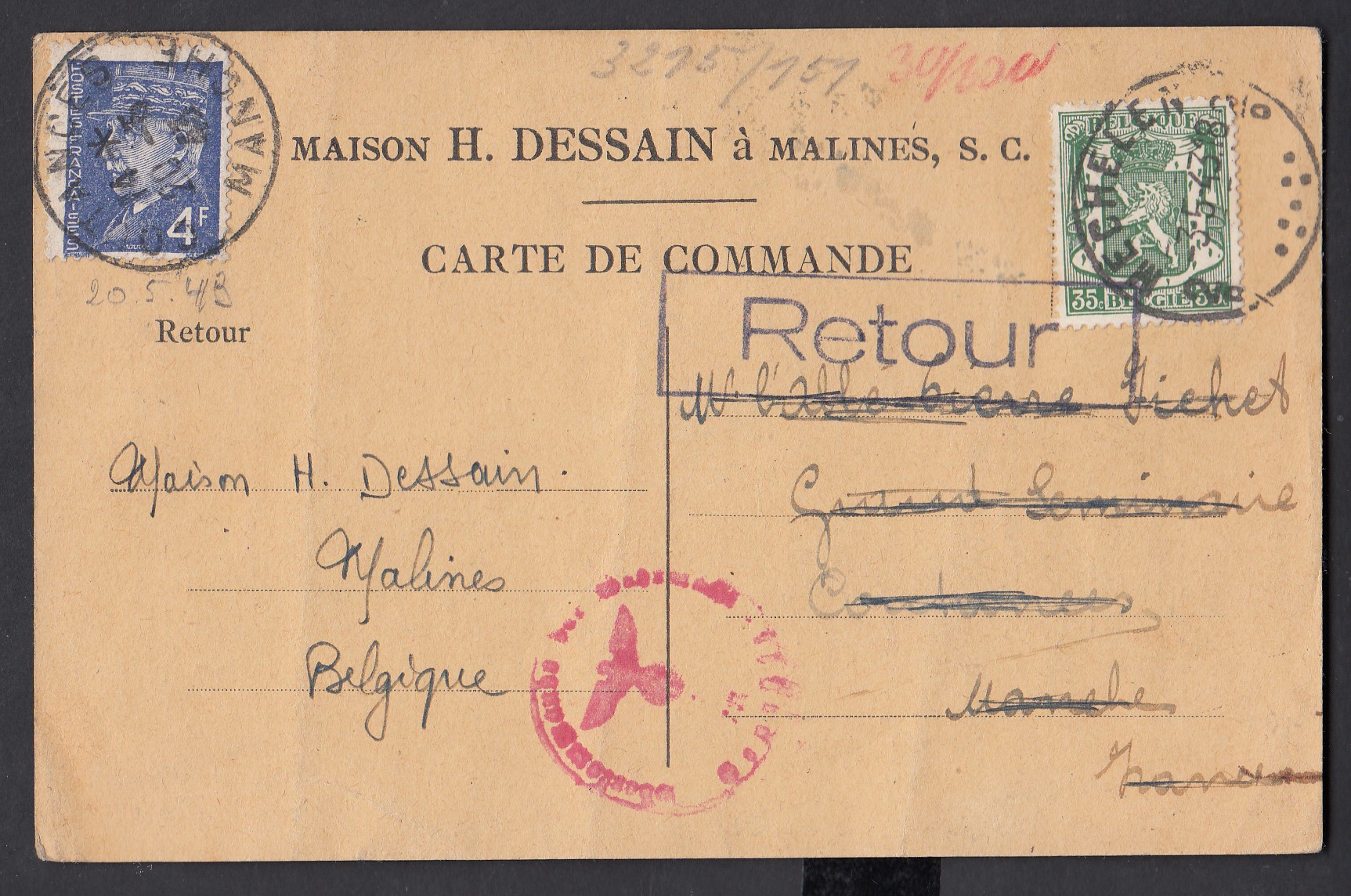 425 sur Cp de Mechelen le 3.5.1943 vers Coutances, France. Cachet de censure allemande + griffe encadrée 'Retour » au recto. Ré-affranchie par 4FF « Pétain » le 20.5.1943 et révers Malines.