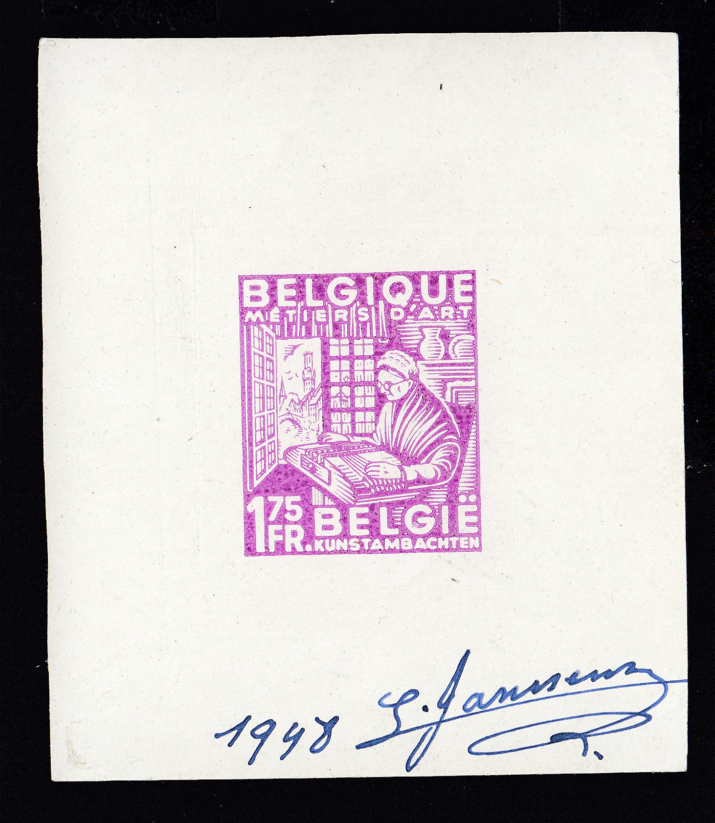 Essai sur petit feuillet du Tp Industrie 763 en violet. Signé « 1948 L. Janssens ».
