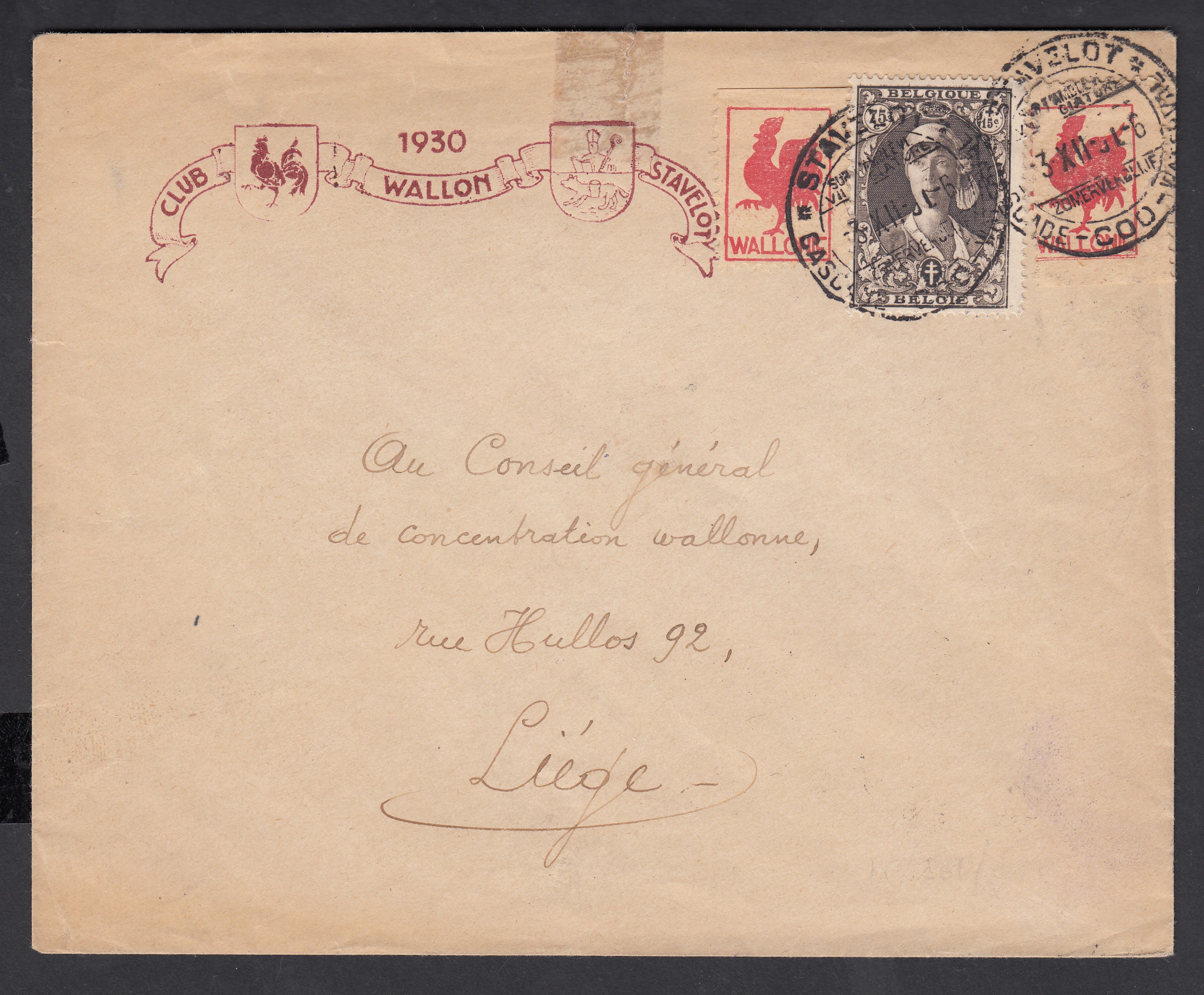 329 +2 vignettes « Wallonie » sur lettre à entête illustrée « Club Wallon Stavelot 1930 » de Stavelot ( Cachet touristique) le 3.XII.1931 vers Liège.