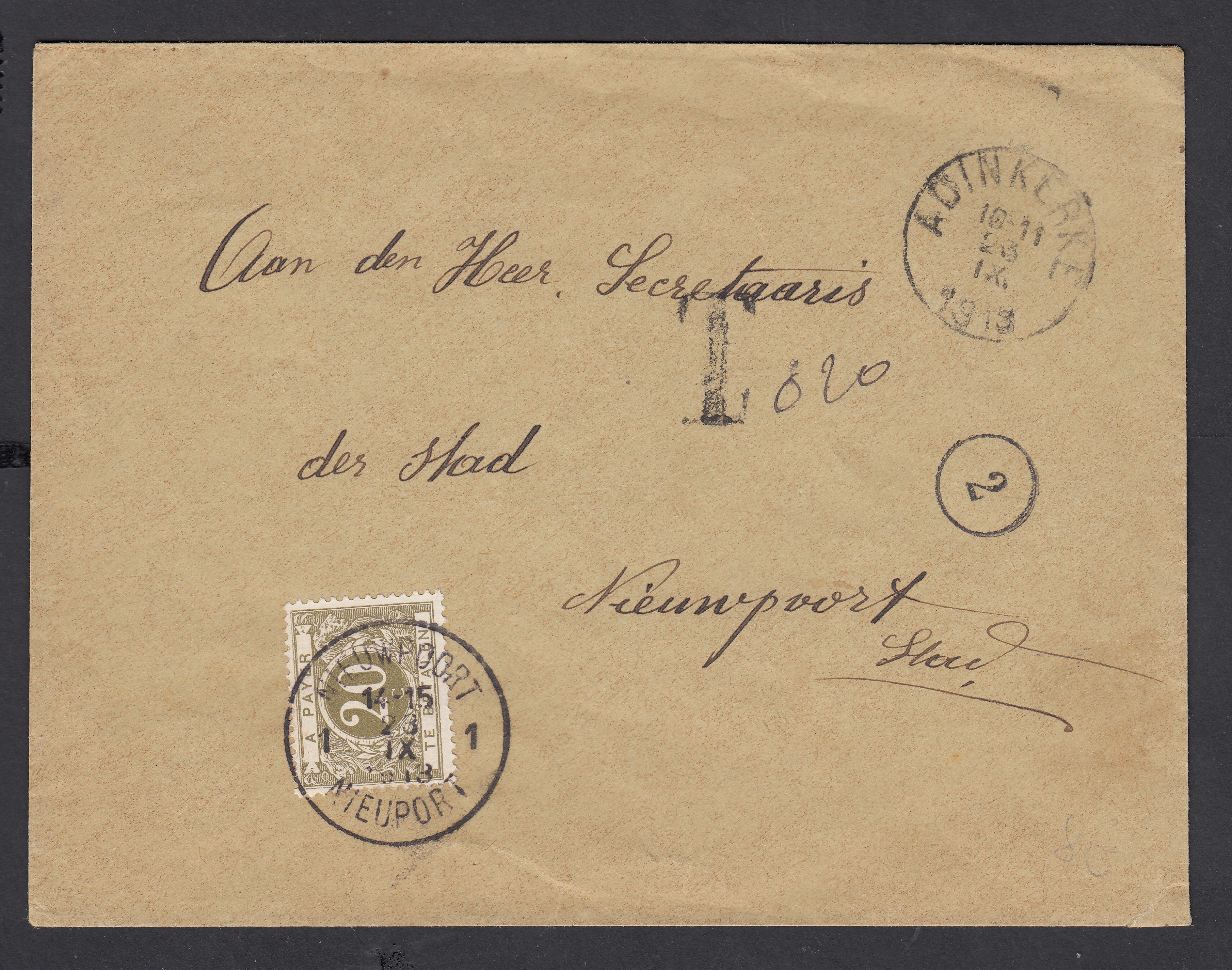 Lettre sans affranchissement d'Adinkerke le 23.IX.1913 vers Nieuwpoort. Taxée 20c à l'arrivée par Tx6.