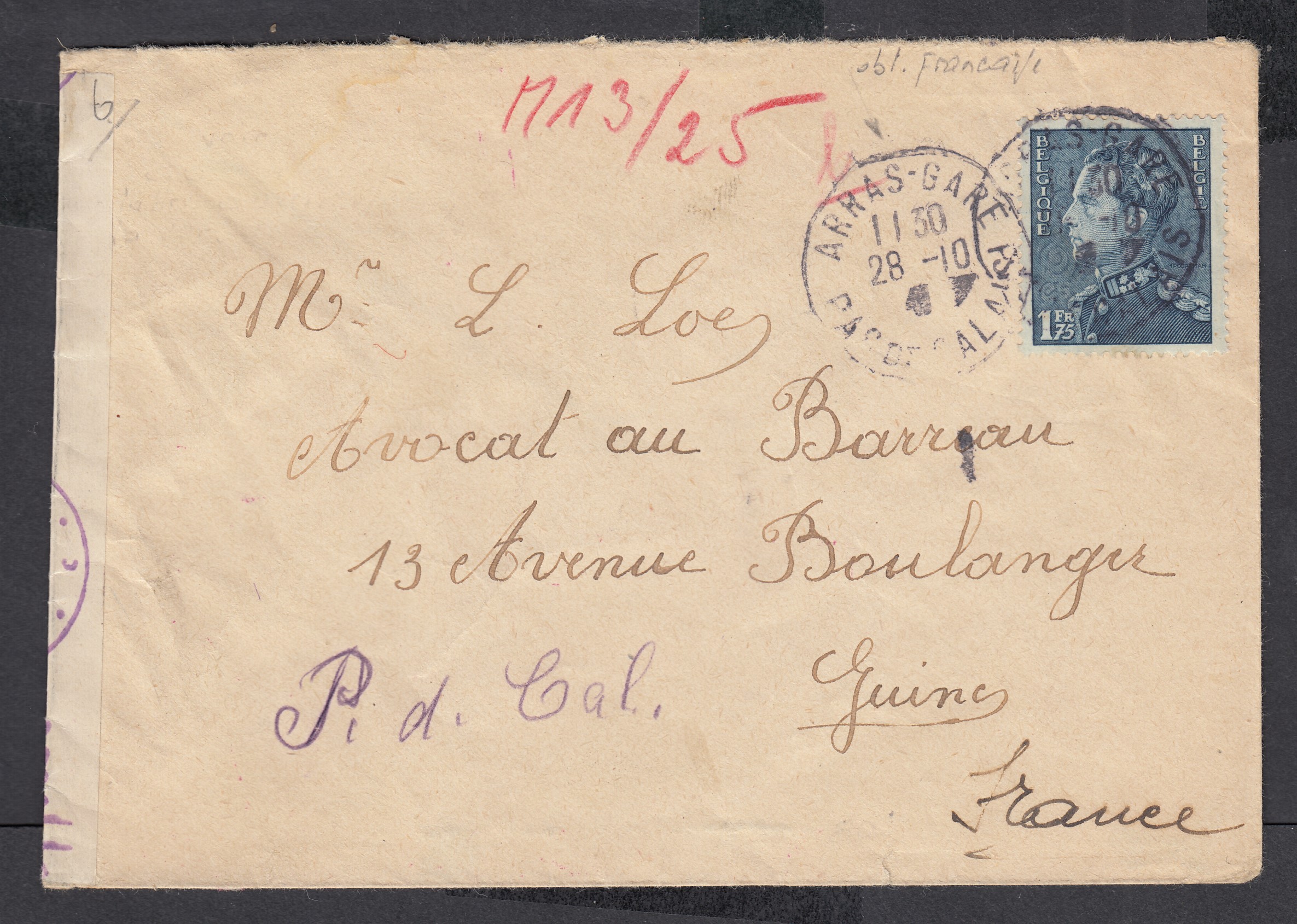 430 sur lettre de Jupille ( Tp non Obl.Adresse au verso) vers Guines, France via Paris (Tp oblitéré à Paris). Bande et cachet de censure allemande.