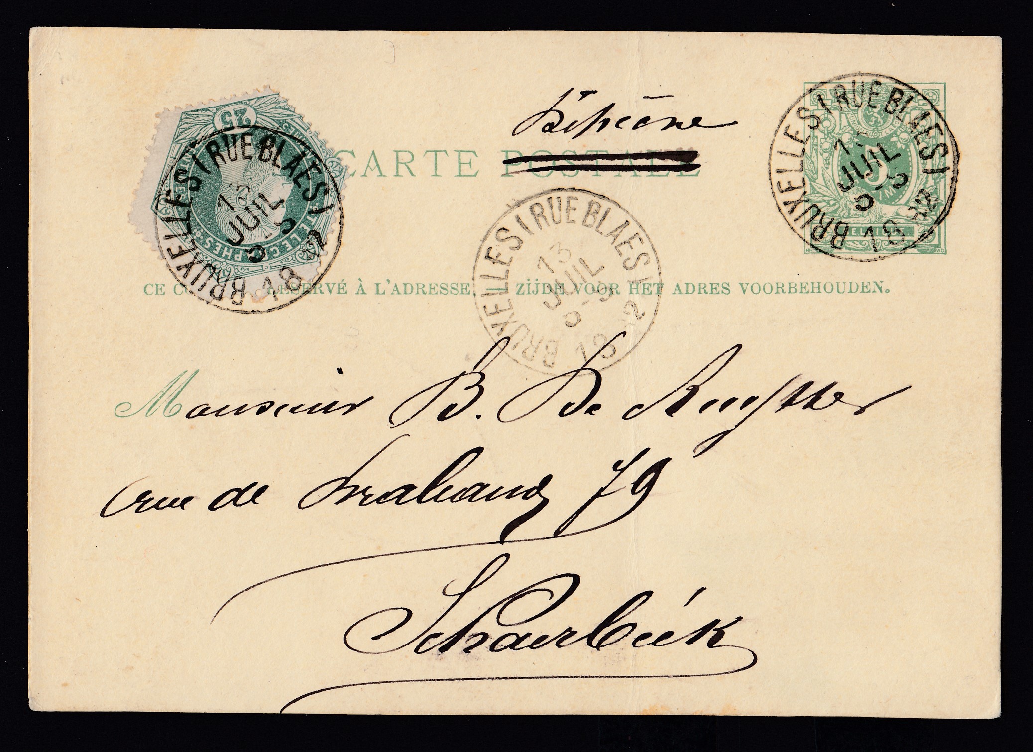 TG4 sur Ep5c type « Lion couché » en exprès de BXL le 13 juil.1882 vers Schaerbeek.