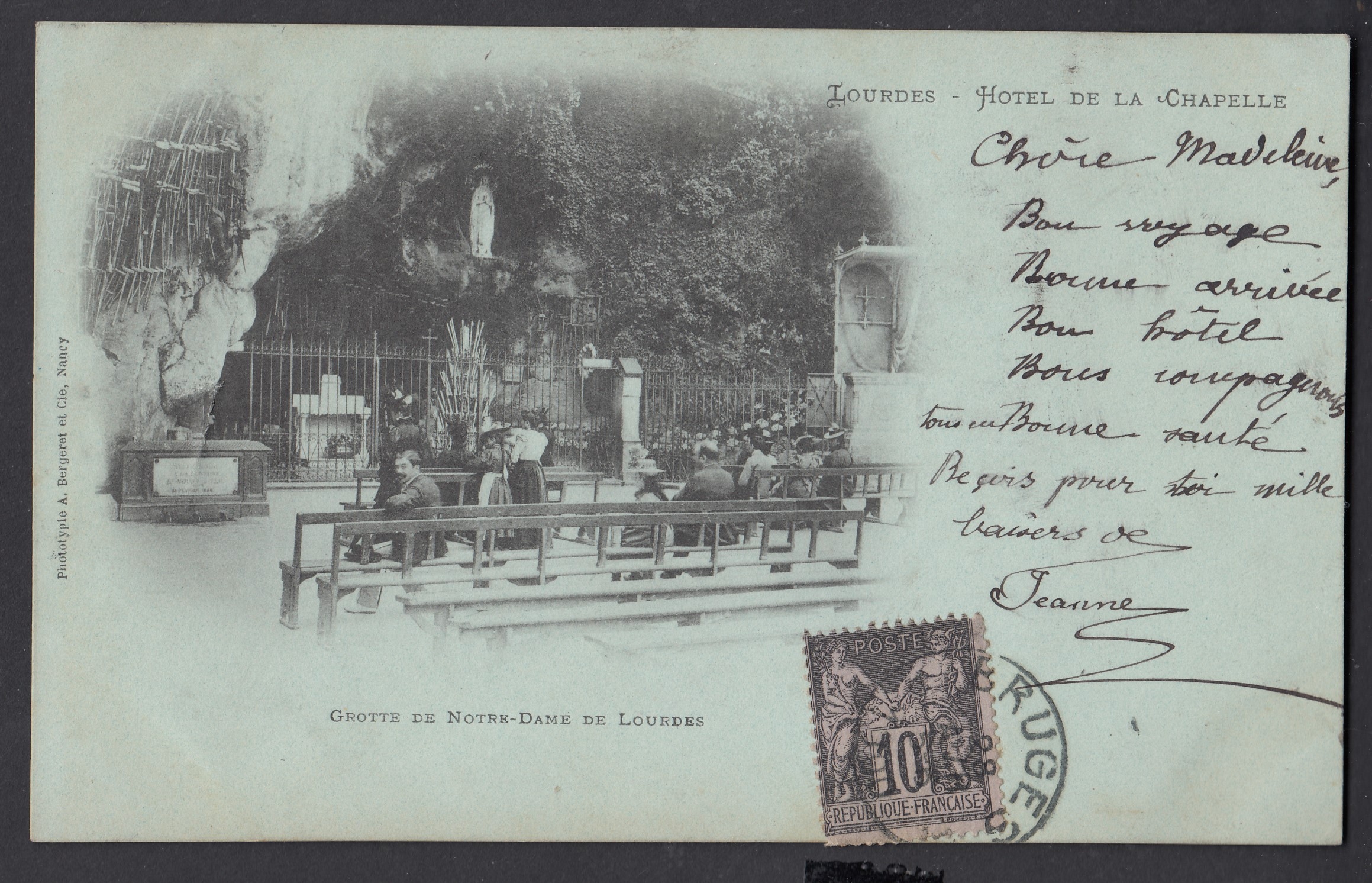 Cp en provenance de France portant un 10c type « Sage » oblitéré à l'arrivée à Bruges le 28/4/1900. taxe « T » dans un triangle annulé à la plume.