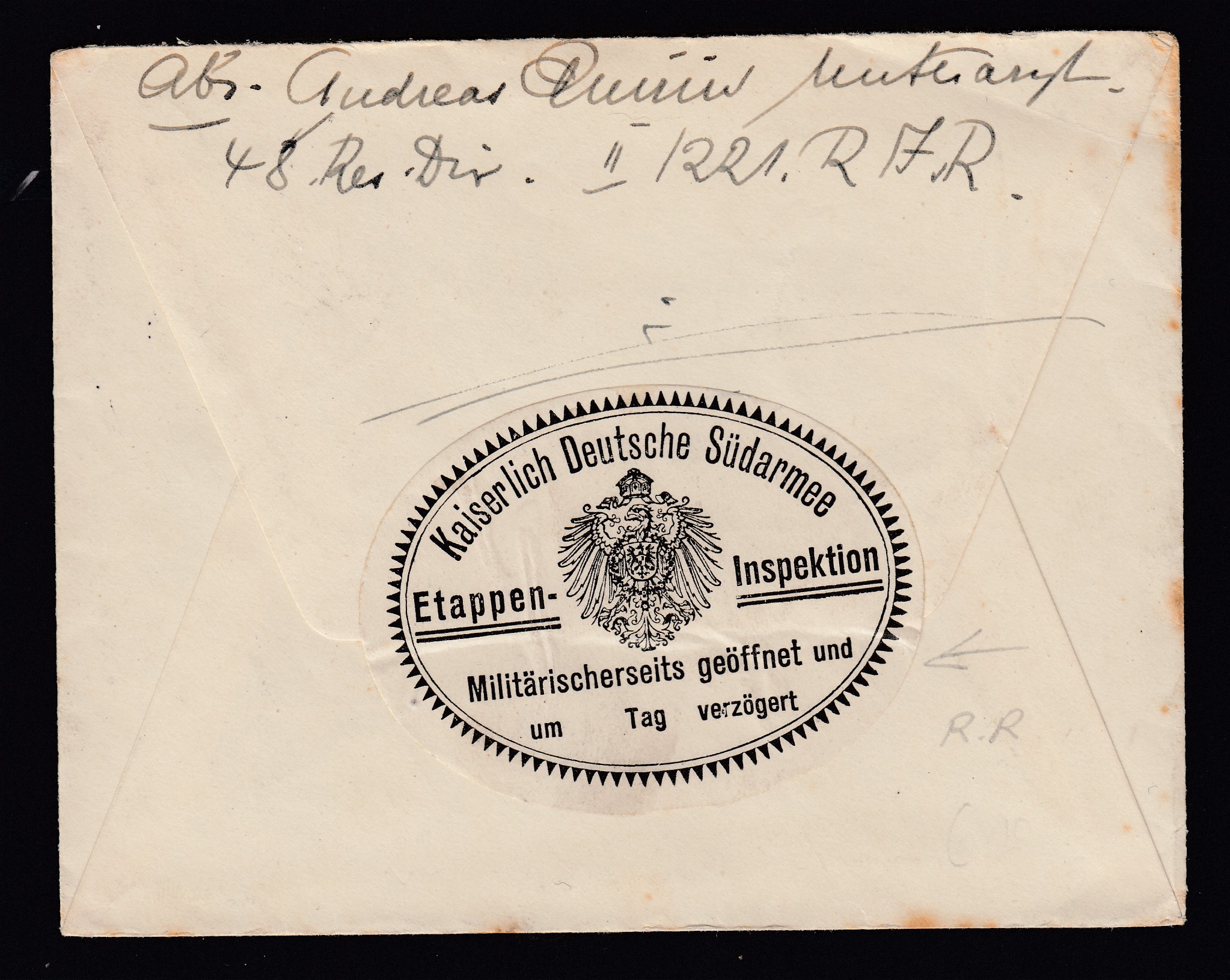 Lettre en franchise de port « FELDPOST) le 26.11.1916 ( Cachet allemand à pont de la 48 Div) vers Strasbourg. Etiquette de la censure de l'armée du Sud au verso.