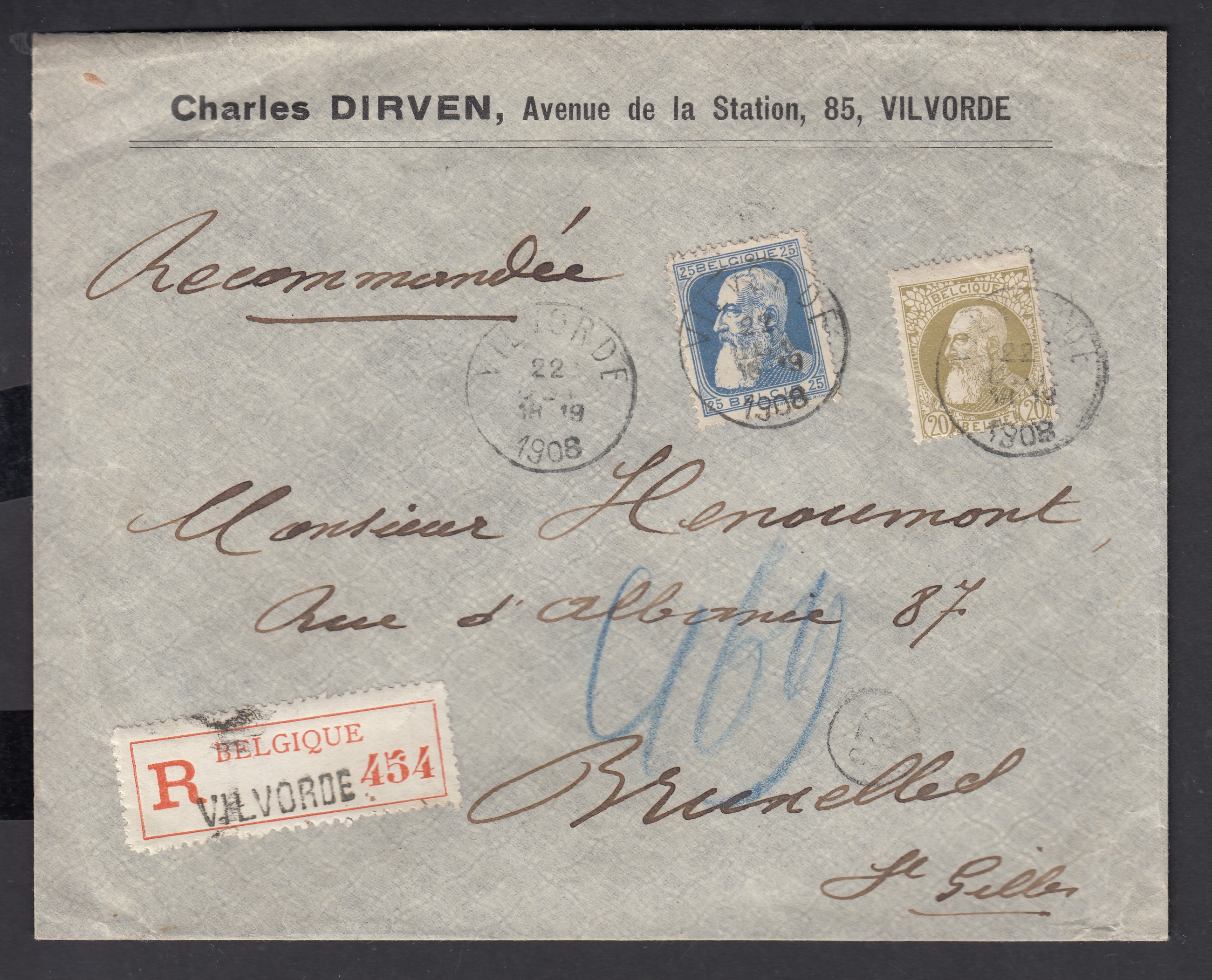 75/76 sur lettre en recommandé de Vilvorde le 22 oct.1908 vers BXL. Càd ( Ovale «  BXL (reception) » au verso.