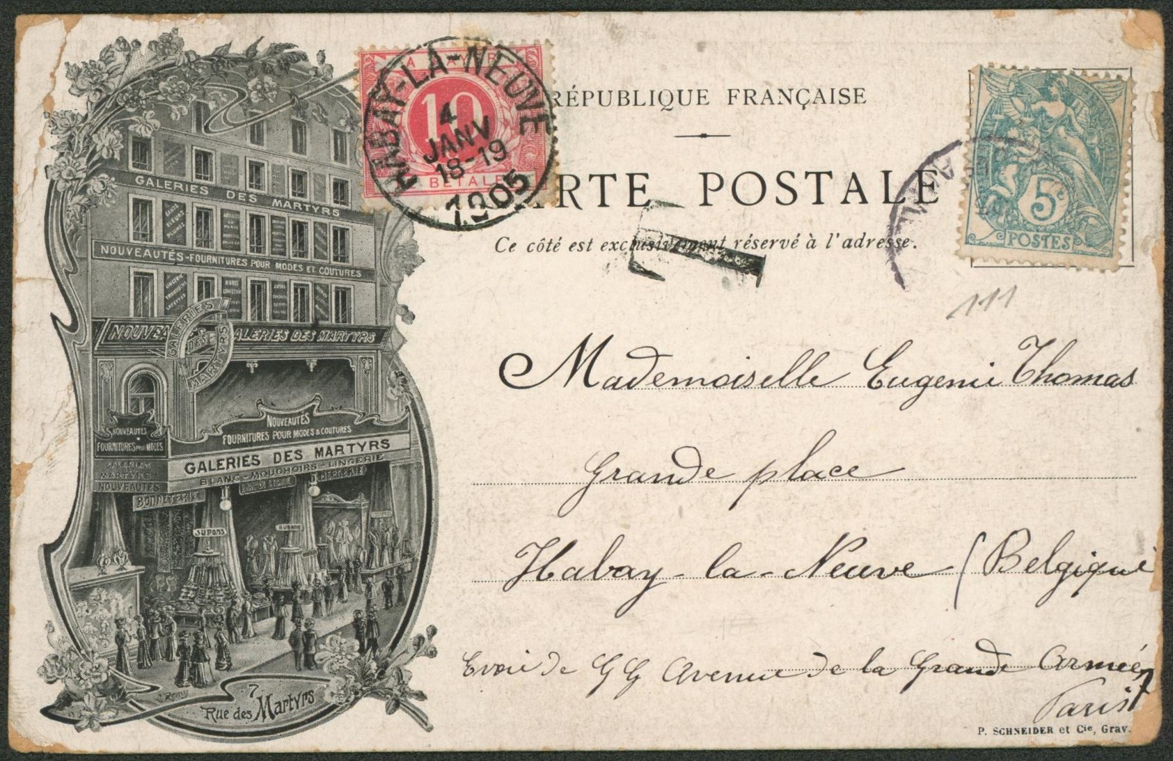 France - Yv n°111 sur CP illustrée (Galerie des martyrs) > Habay-la-neuve + taxe 10ctm.