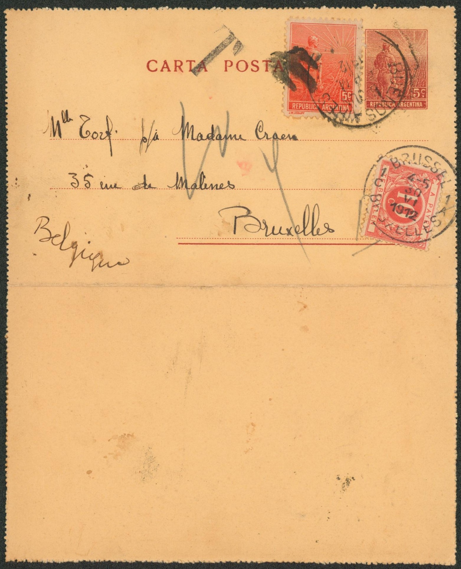 République argentine - CL 5C + 5ctm de Buenos Aires > Bruxelles + taxe 10ctm / Sans texte