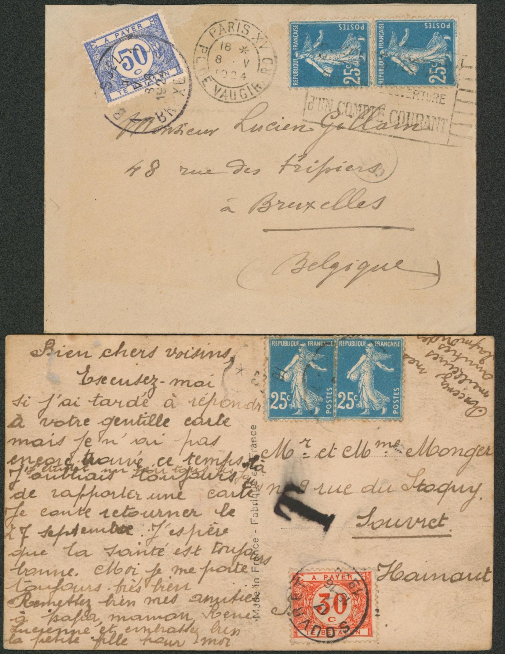 France - Semeuse 25ctm en paire sur deux documents (CP + Lettre) > Souvret et Bruxelles, taxé à 30ctm et 50ctm. 