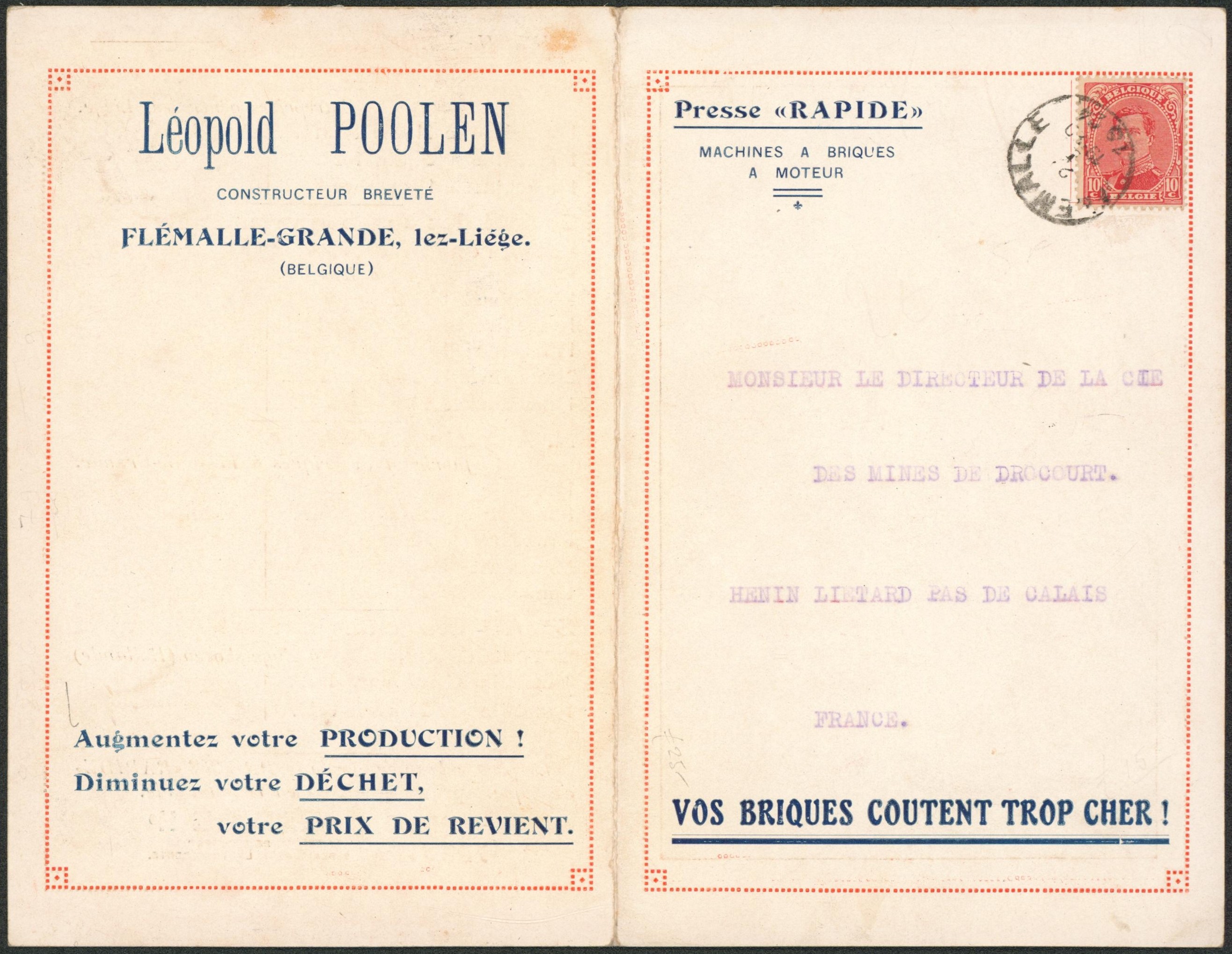 Albert I - n°138 sur imprimé dépliant "Presse Rapide" (Machines à briques à moteur) de Flémalle-Grande > Hein lietard (Pas de calais, France). "