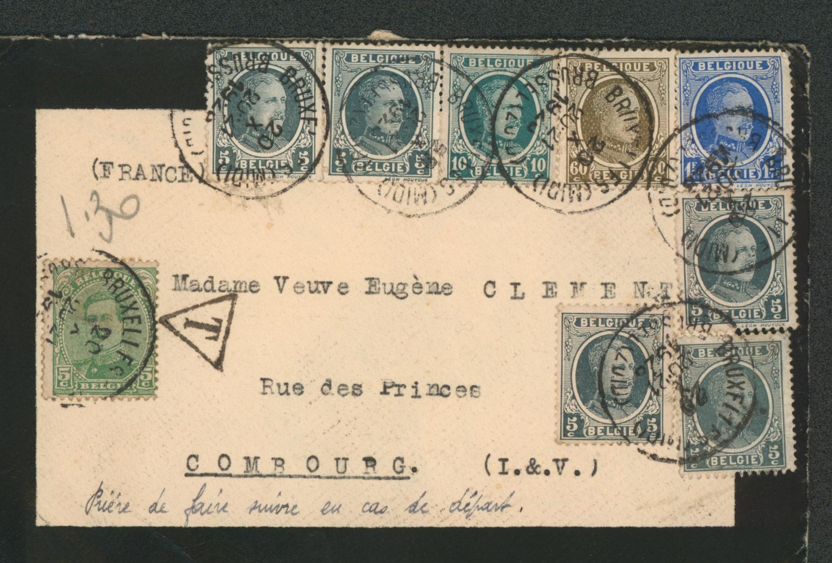 Albert I / Houyoux sur lettre çàd 2F75 expédié de Bruxelles (Midi) > Combourg + taxe tricolore au verso (France). 