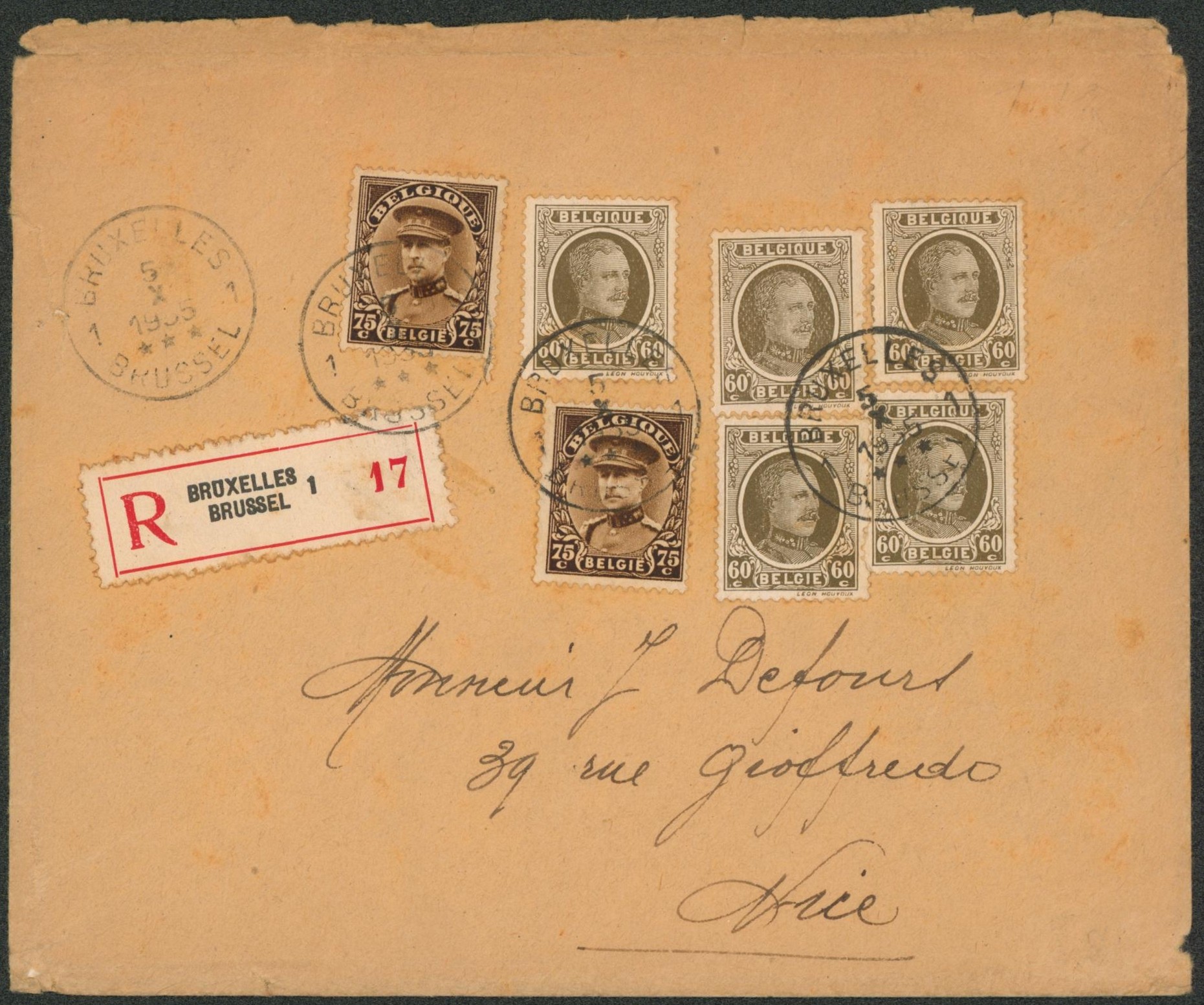 Affranch. Mixte (Képi / Houyoux) sur lettre en recommandé de Bruxelles > Nice (France). Étiquette de réparation au verso 