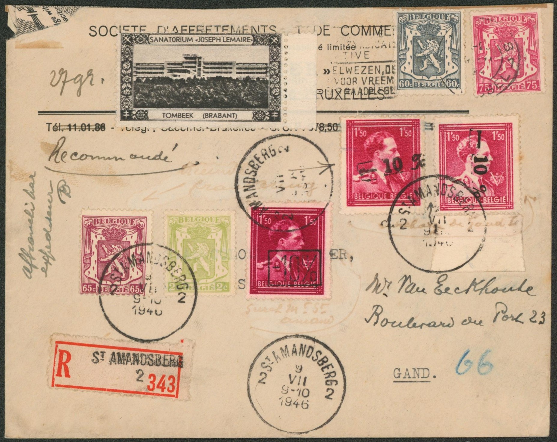 Affranch. Mixte (petit sceau, col ouvert -10%) sur lettre en recommandé de St-Amansberg > Gand 