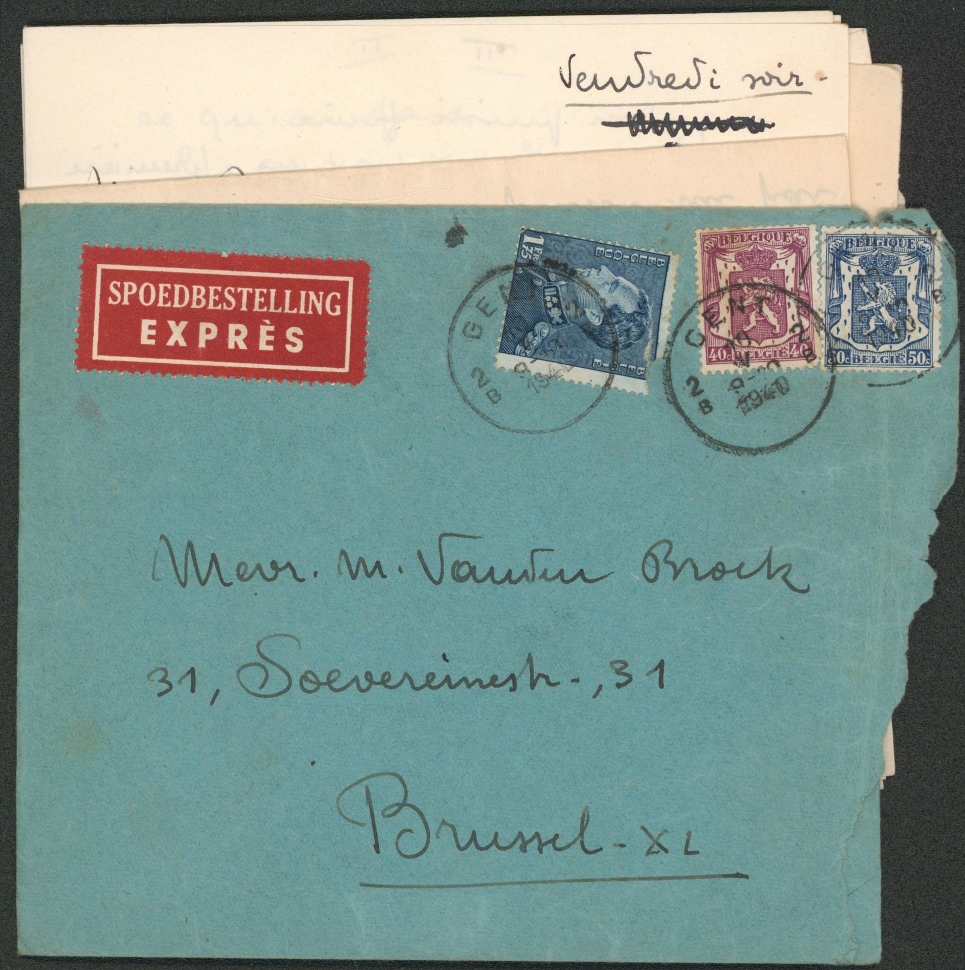 n°426, 430 et 479 sur lettre + contenu en expres (1er jour de guerre WWII) de Gent > Bruxelles. 