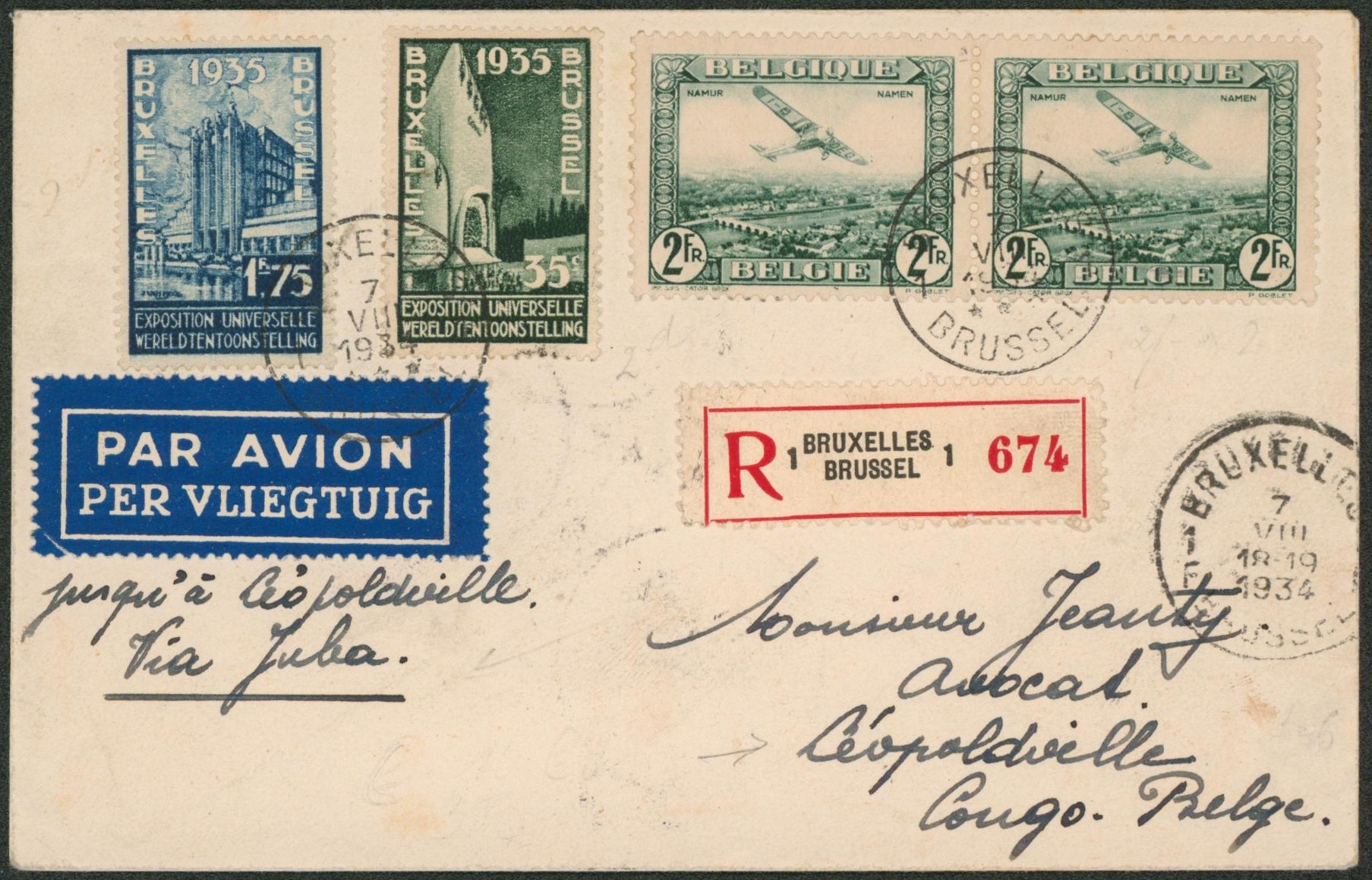 n°386, 389 et PA3 x2 sur lettre en recommandé par avion de Bruxelles > Léopoldville via Juba. 
