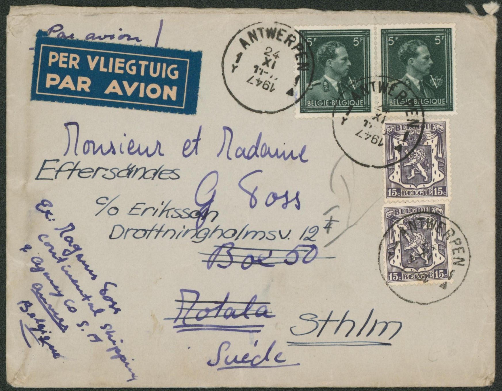 Affranch. Mixte (Col ouvert / Petit sceau) sur lettre par avion de Antwerpen > Motala (Suède) redirigé vers stockohlm. Curiosité : inversion de la date dans le bloc dateur.