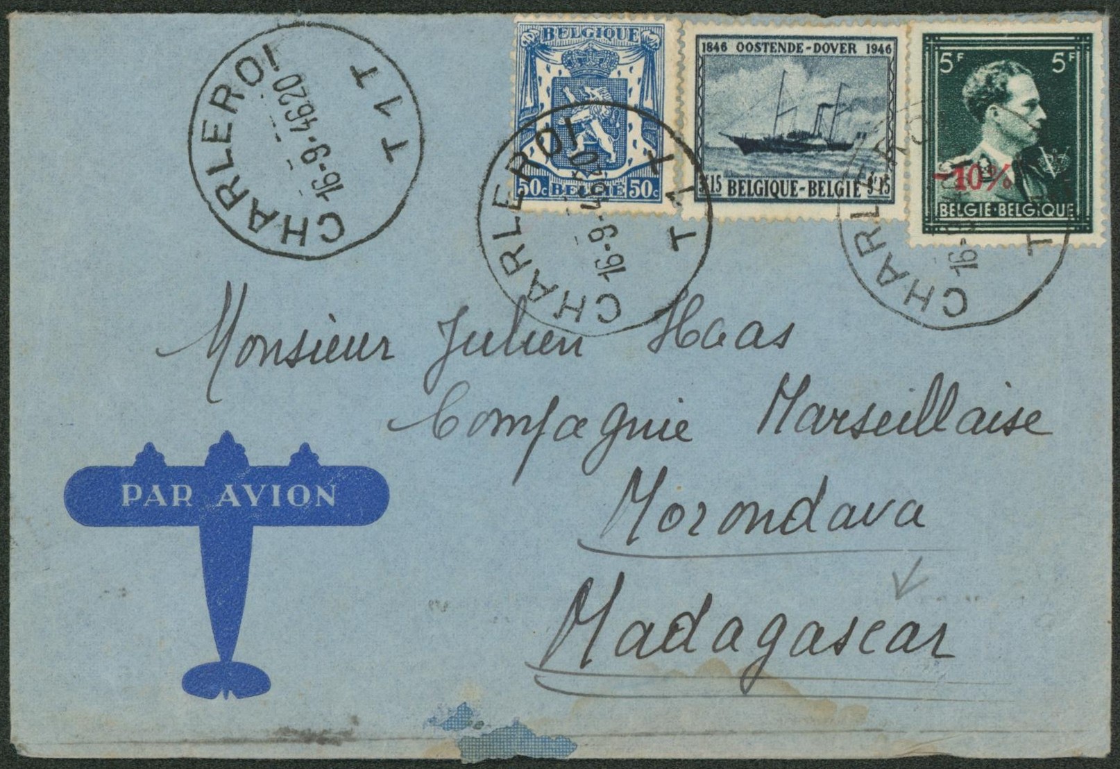 Affranch. Mixte (Col ouvert -10% / Petit sceau) sur lettre par avion de Charleroi > Morondava (Madagascar) 