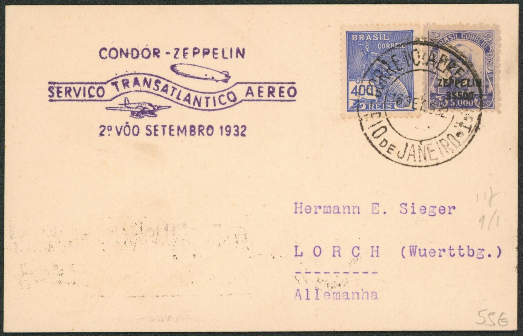 Brésil - CONDOR ZEPPELIN çàd affranch. Mixte sur carte sans texte de Rio de Janeiro > Lorch (Allemagne) verso cachet Graf Zeppelin. TB