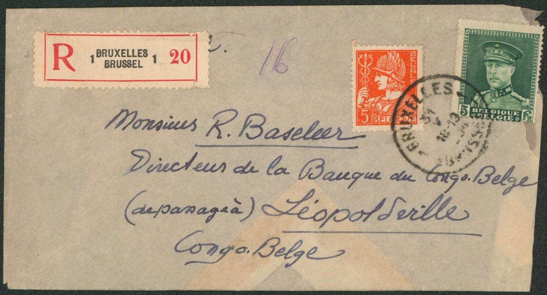 Affranch. Mixte (Mercure / Képi) sur lettre en recommandé de Bruxelles > Léopoldville (Congo Belge). 