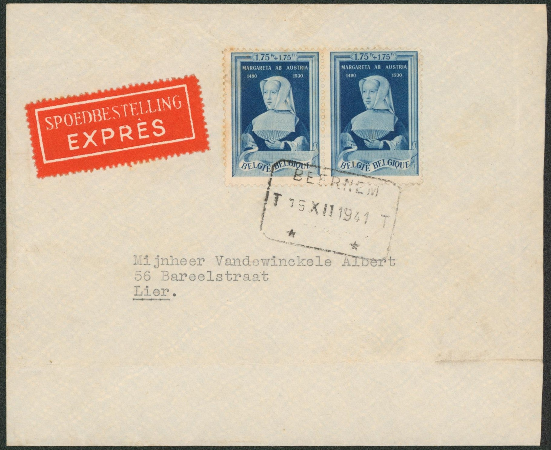 Service sociale - n°579 en paire sur lettre en expres obl télégraphe-téléphone "Berneem" > Lier. "