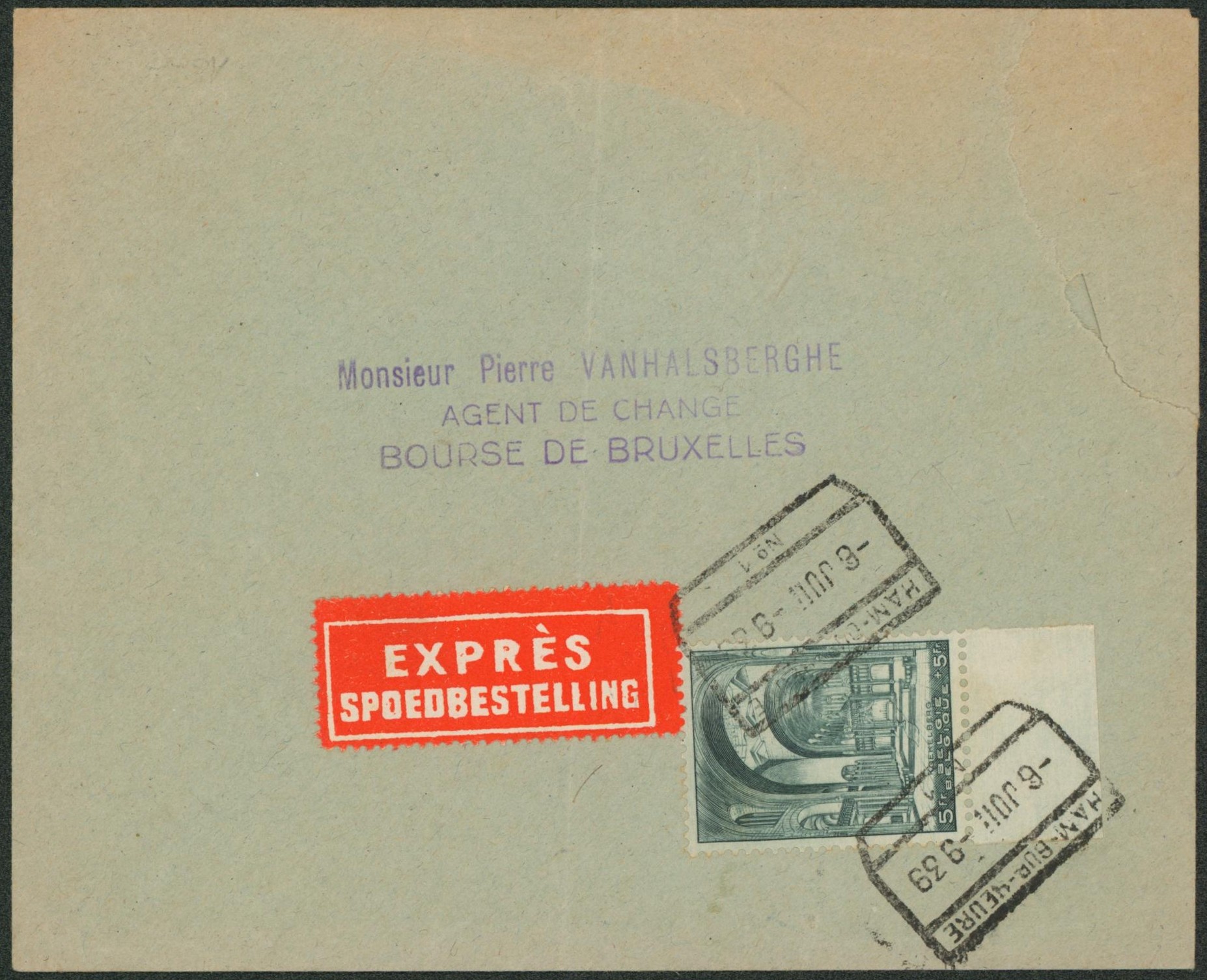 Koekelberg - n°477 + BDF sur lettre en expres obl chemin de fer "Ham-sur-heure / n°1" > Bruxelles. "