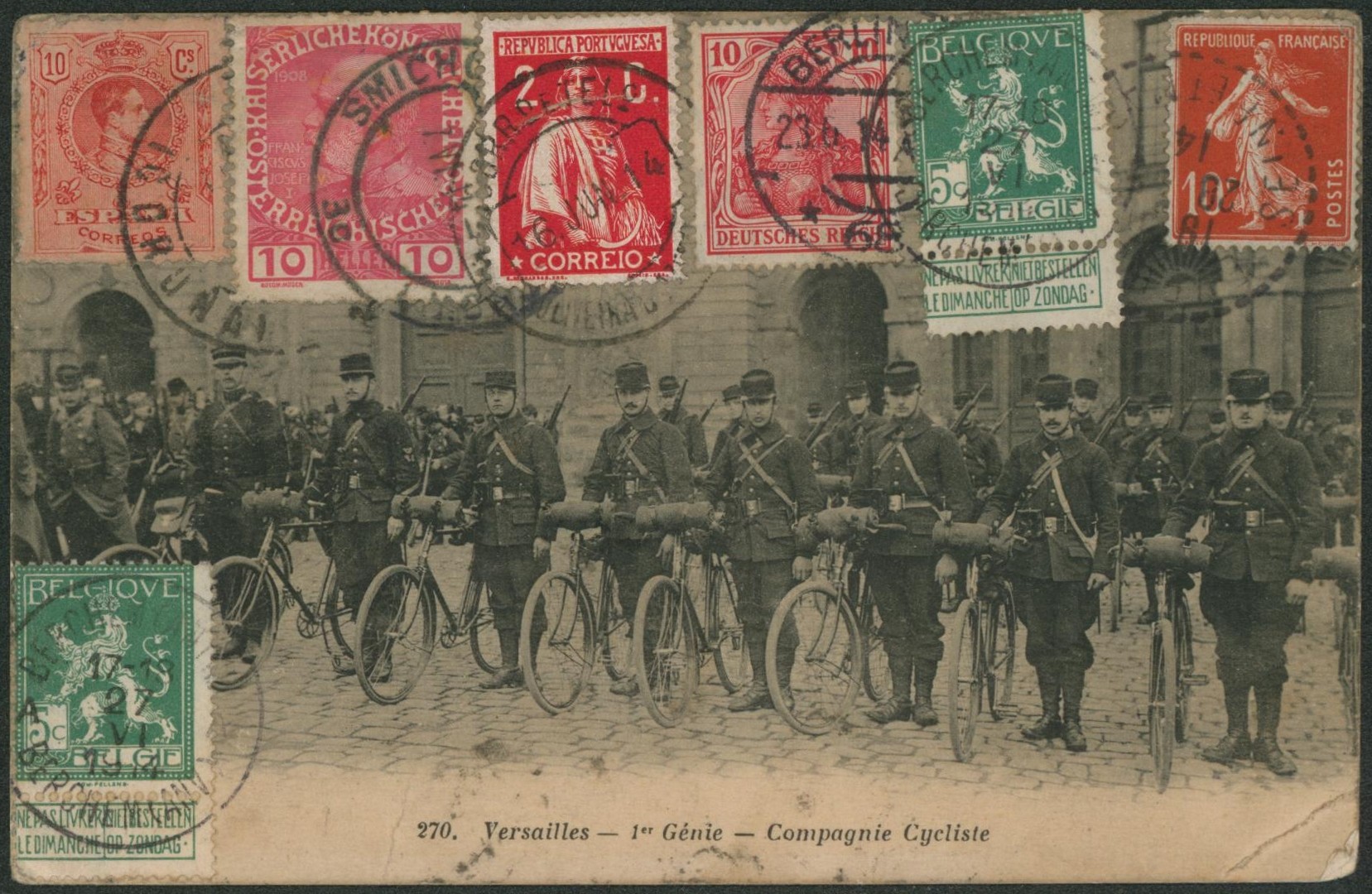 Carte postale vue  "tour du monde" (Versaille compagnie cycliste, vélos) au départ de France recommandé aux bons soins des adhérents du RECP çàd Espagne, Autriche, Portugale, Allemagne et Belgique. Bon état, à voir ! "