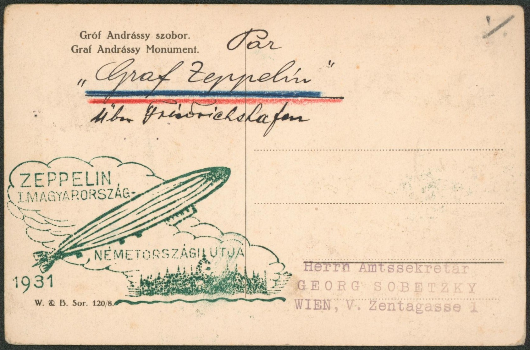 Hongrie - CP vue expédié par avion par Graf Zeppelin I. Magyarporszagnémetorszagilutja > Wien. 