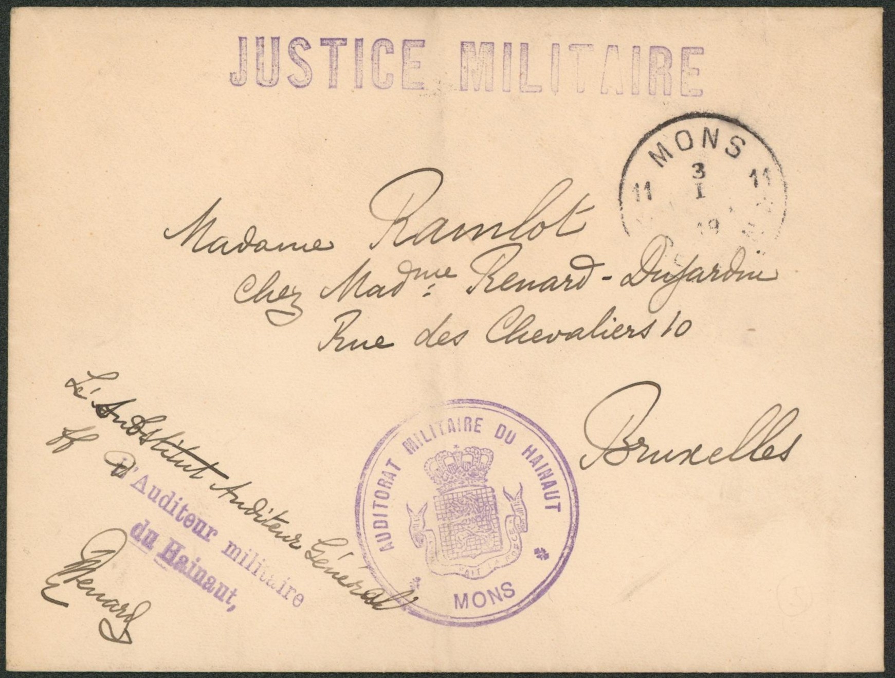 Lettre JUSTICE MILITAIRE obl agence de fortune "Mons 11" + cachet violet "Auditorat militaire du Hainaut" > Bruxelles. "