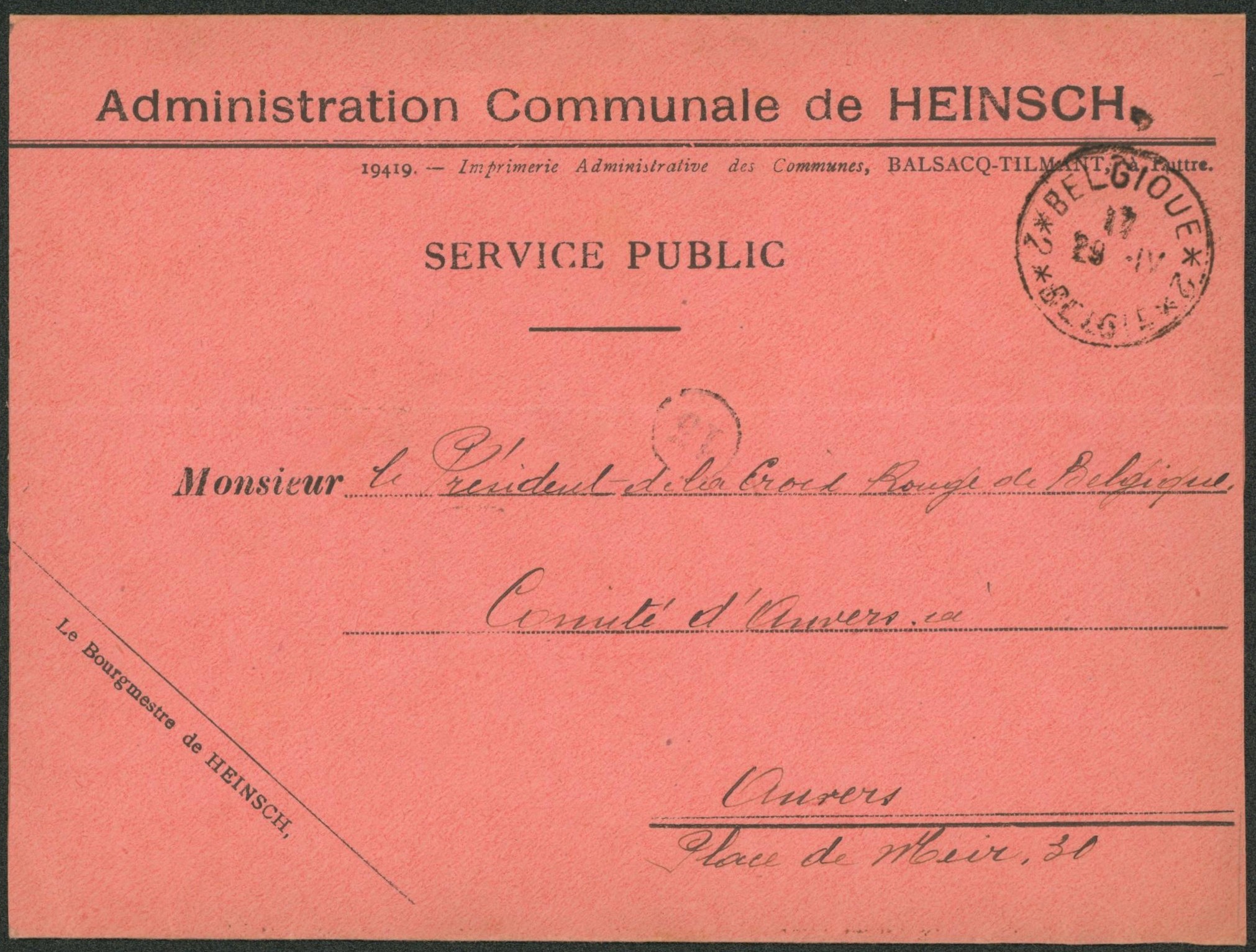 Administration communale de HEINSCH (service public) en franchise + cachet de fortune "Belgique / Belgie 2" (Arlon) > Anvers"