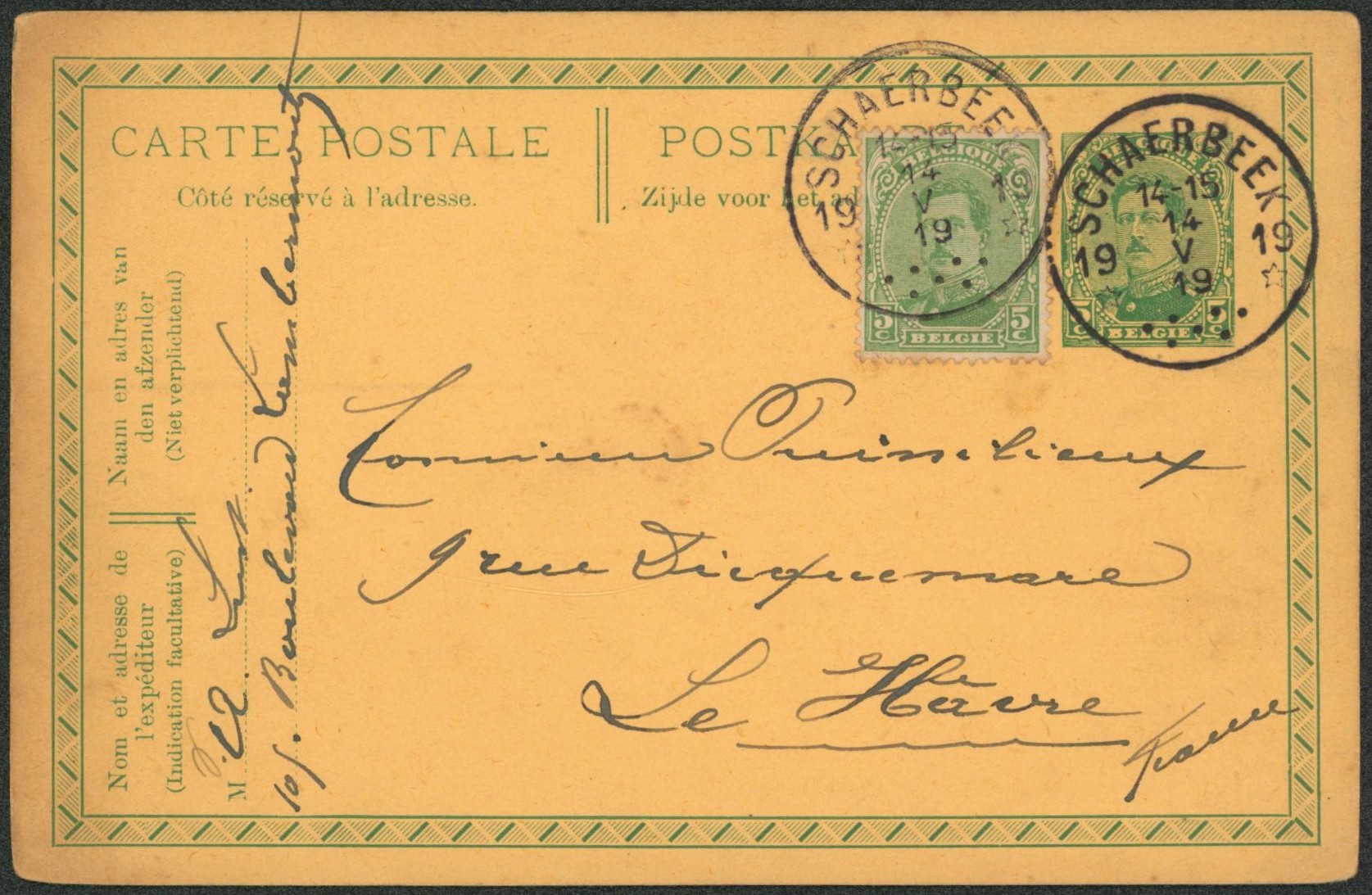 EP au type 5ctm vert Albert Ier + n°137 obl agence de fortune "Schaerbeek 19" > Le Havre (France).  "