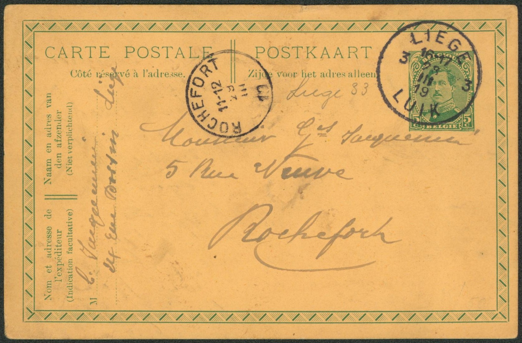 EP au type 5ctm vert Albert Ier obl de fortune "Liège / Luik 3" (Anciennement Agence Liège 33) > Rochefort. "