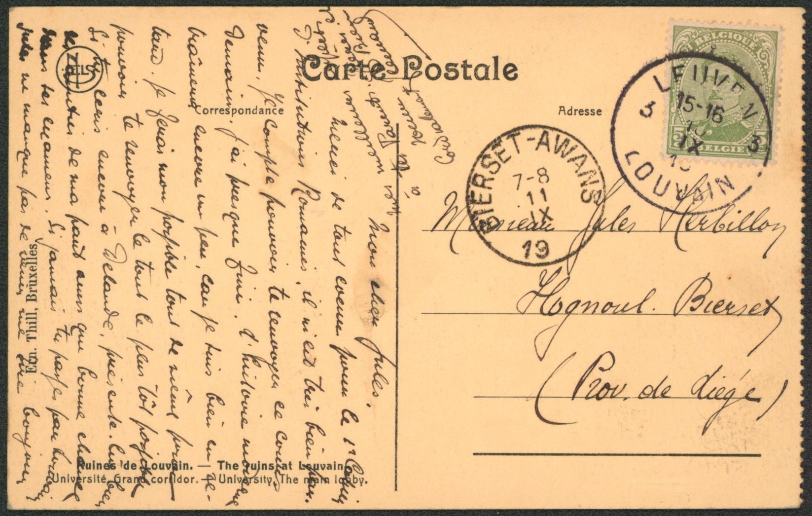 n°137 sur CP obl de fortune "Leuven / Louvain 3" > Bierset-Awans. "