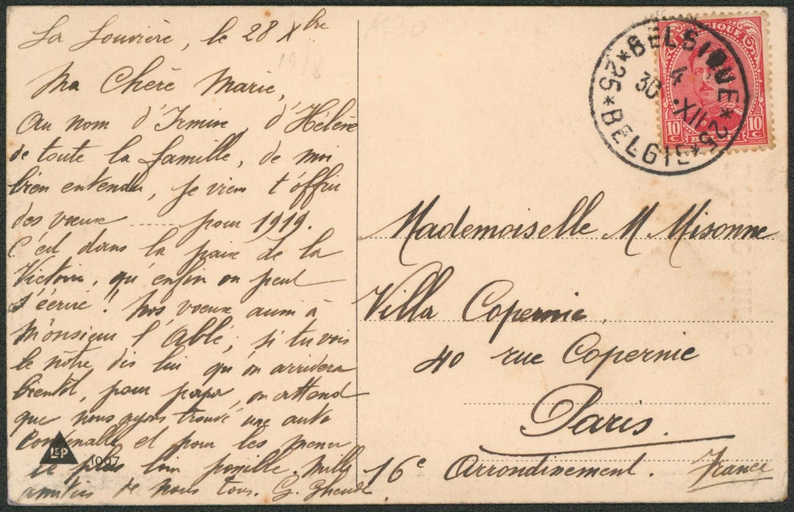 n°138 sur CP obl de fortune "Belgique / Belgie 25" > Paris (France). TB "