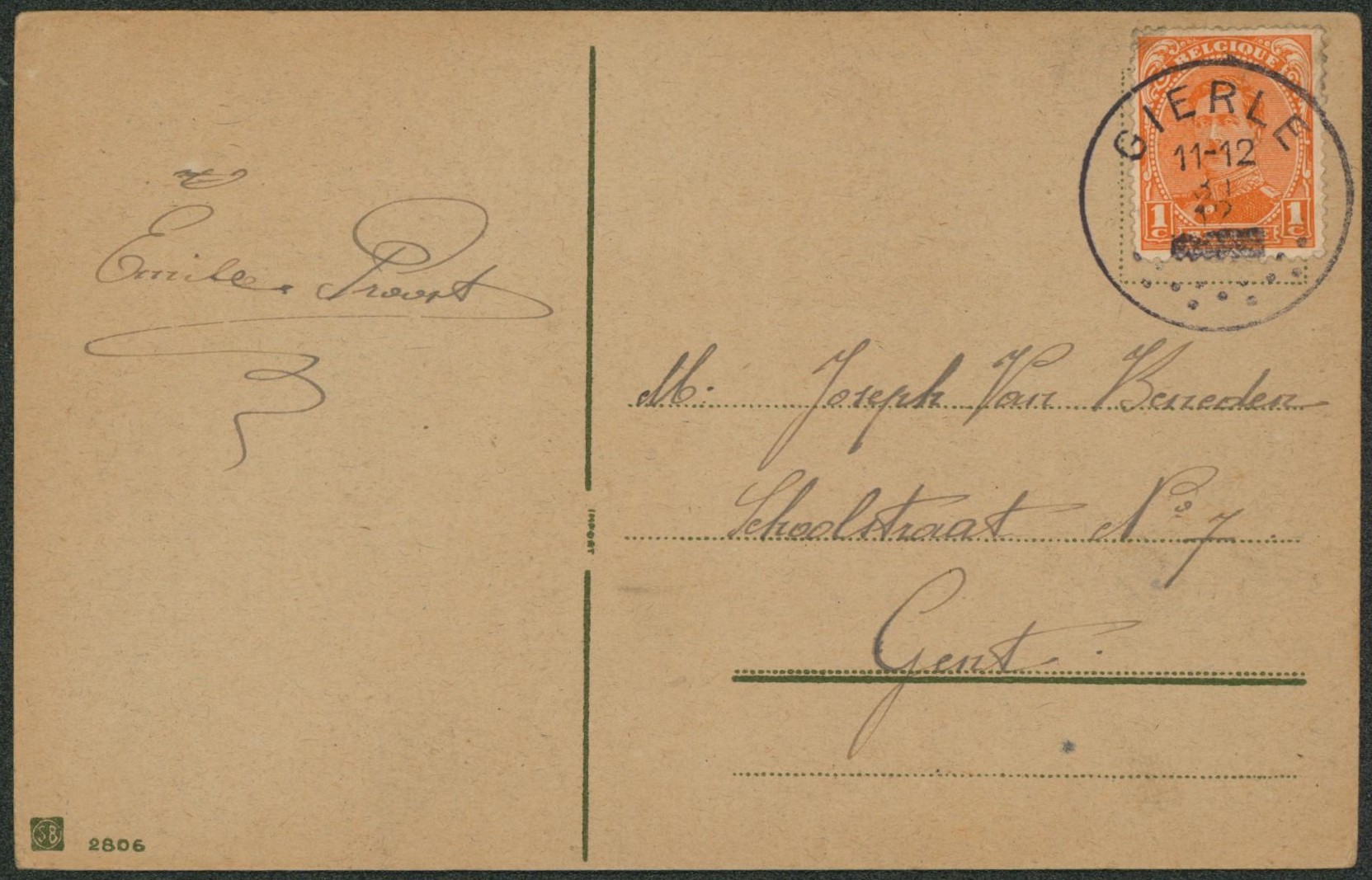 n°135 sur CP obl de fortune "Gierle" (Année barrée) > Gent "