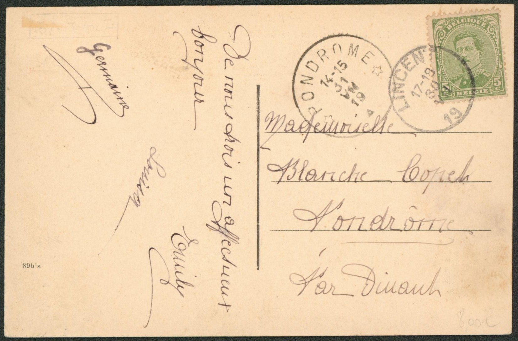 n°137 sur CP obl de fortune "Lincent" > Pondrome çàd arrivée obl relais. "