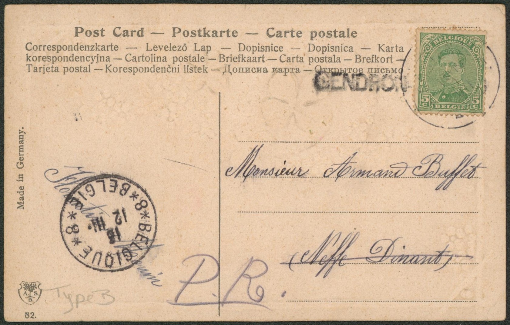 n°137 sur CP obl de fortune "Oostende" + "Belgique / Belgie 8" > Neffle + griffe linéaire GENDRON "