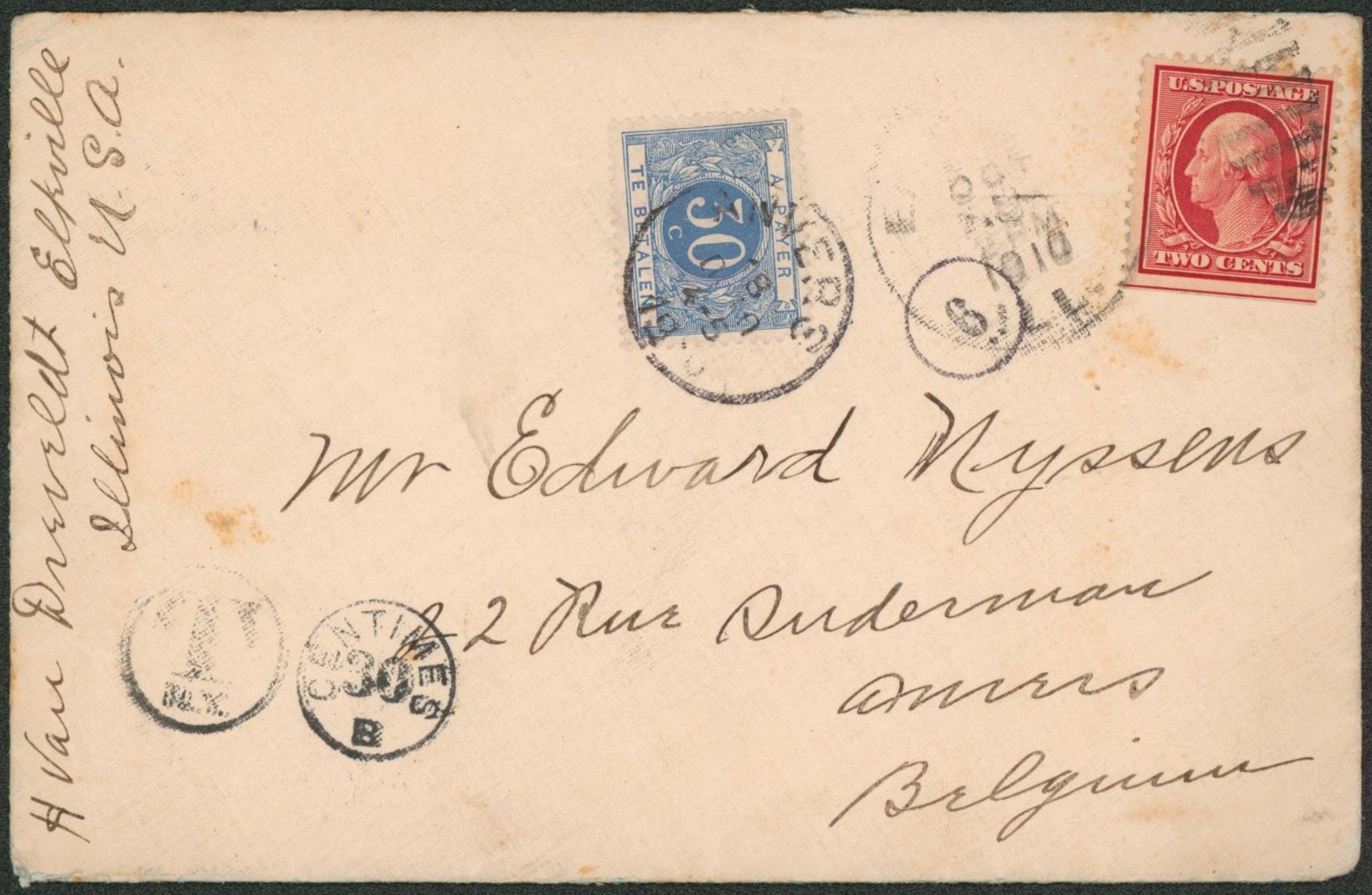 USA - Lettre en provenance de Illinois, affranchie à 2 cents > Anvers + TX7