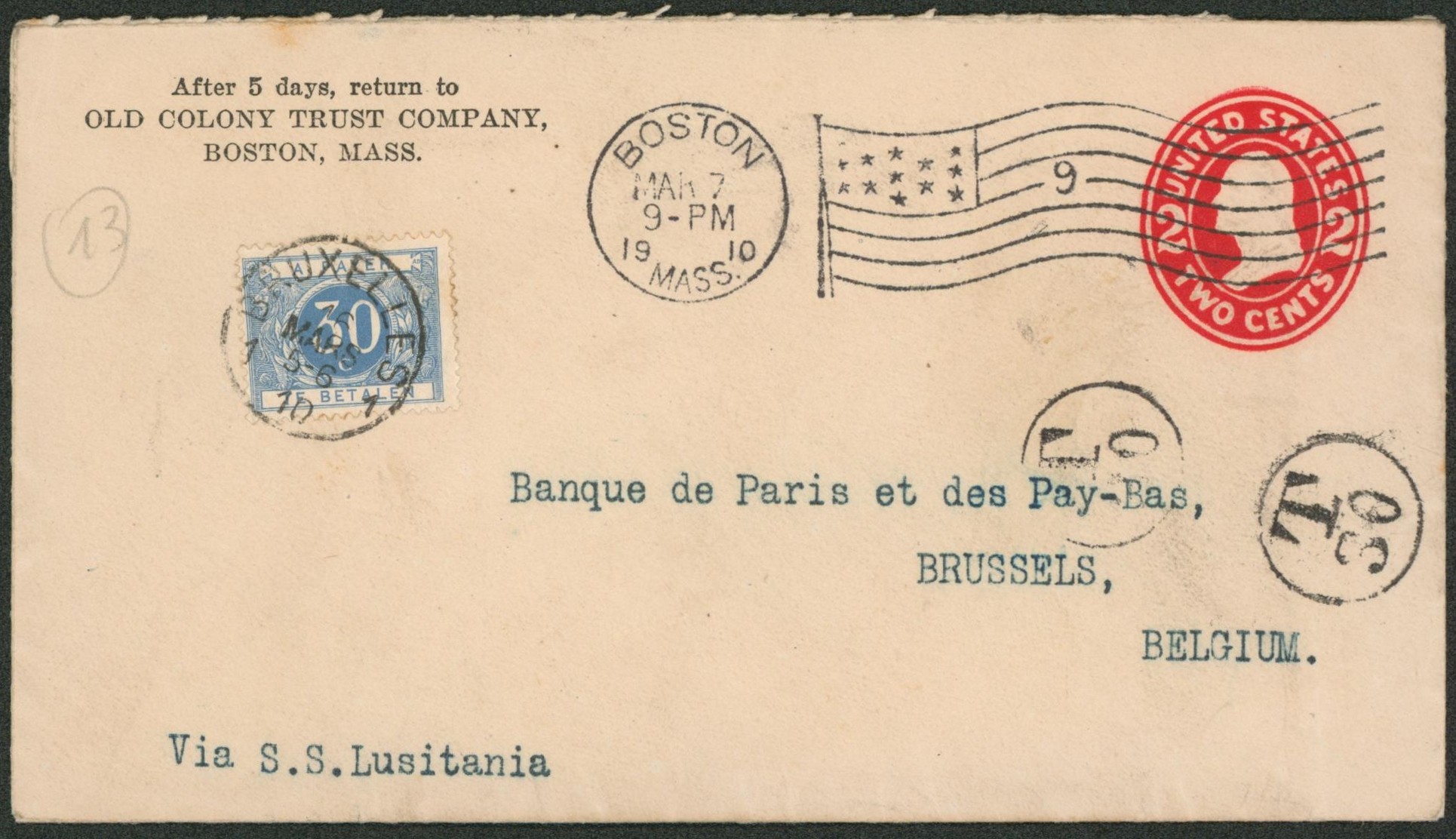 USA - Entier au type envelioppe 2 cents expédié de Boston > Brussel + TX7