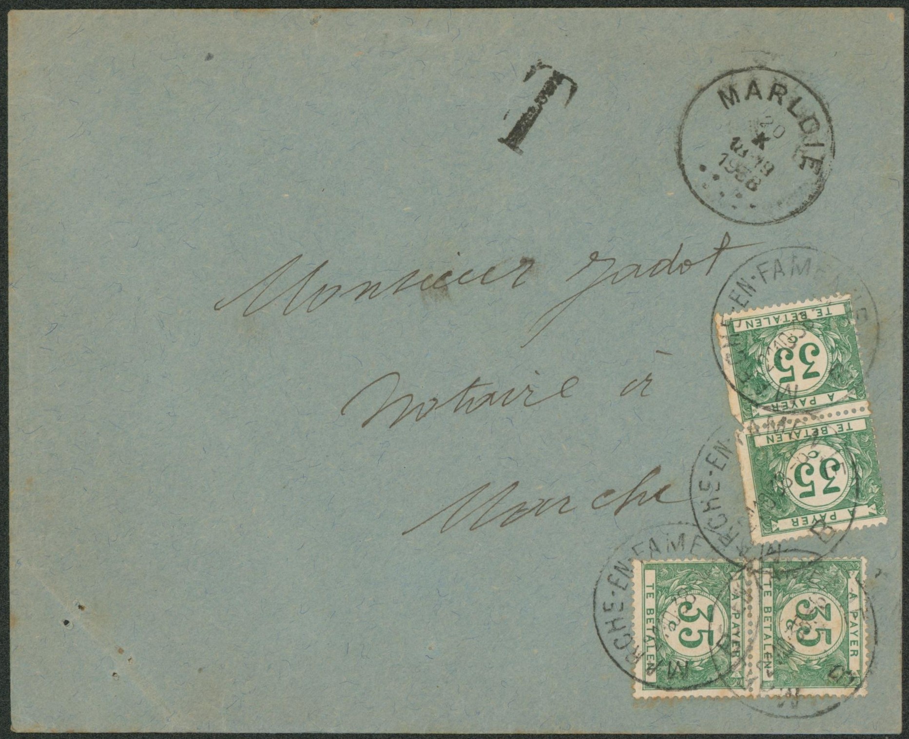 Lettre non affranchie expédié de Marloie > Marche-en-fammen + TX36 x4 (deux paires). 