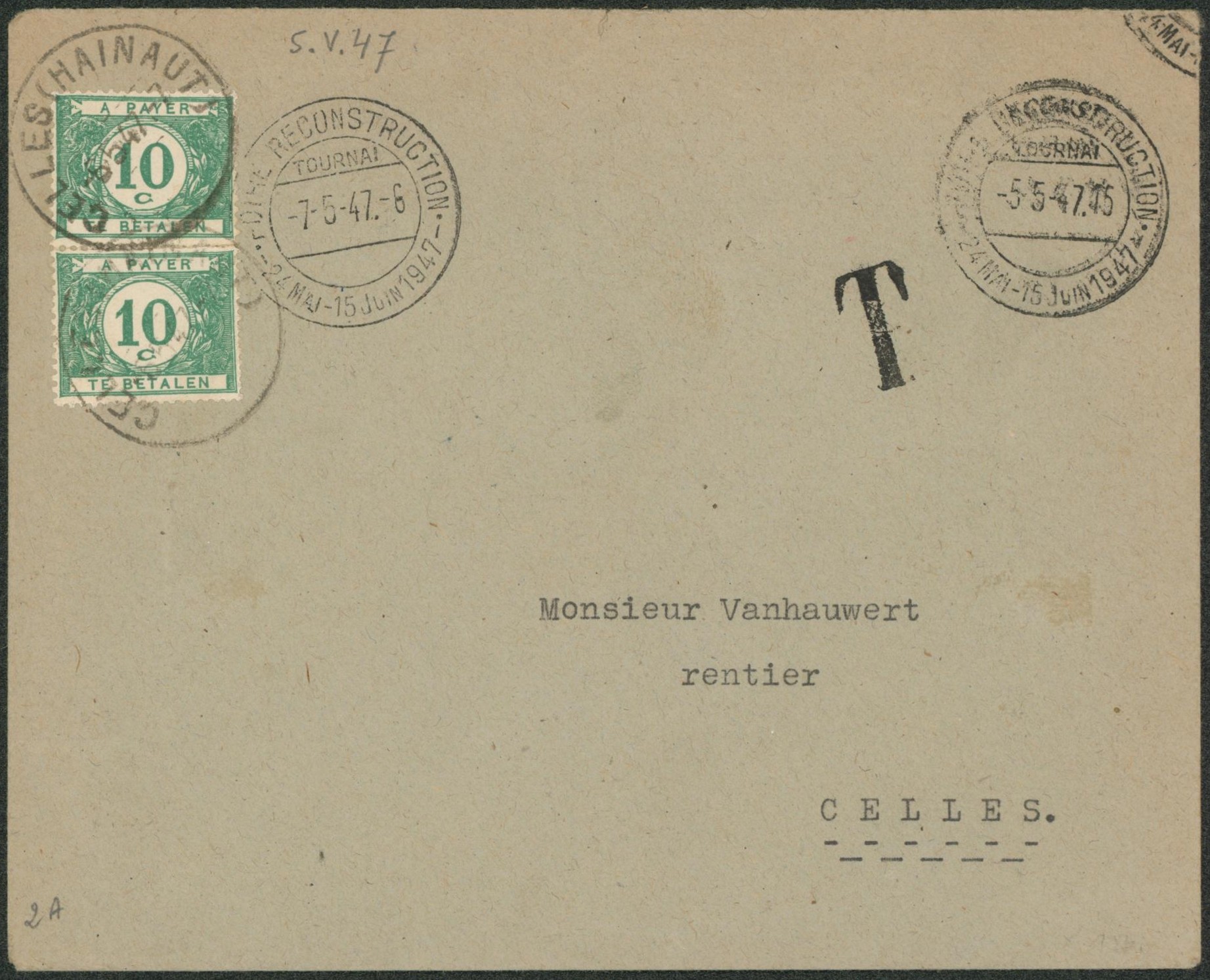 Lettre non affranchie de Tournai (reconstruction) > Celles, taxé à 20ctm. 