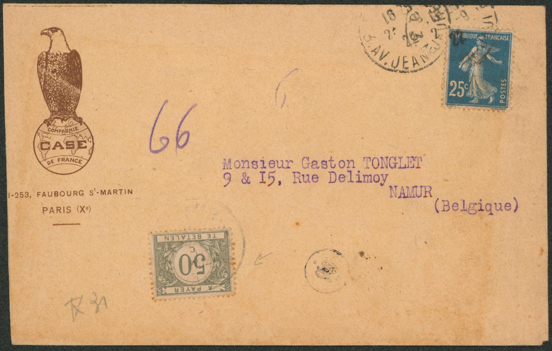 Semeuse - 25ctm sur lettre illustrée (aigle) de Paris > Namur, taxé à 50ctm par TX31
