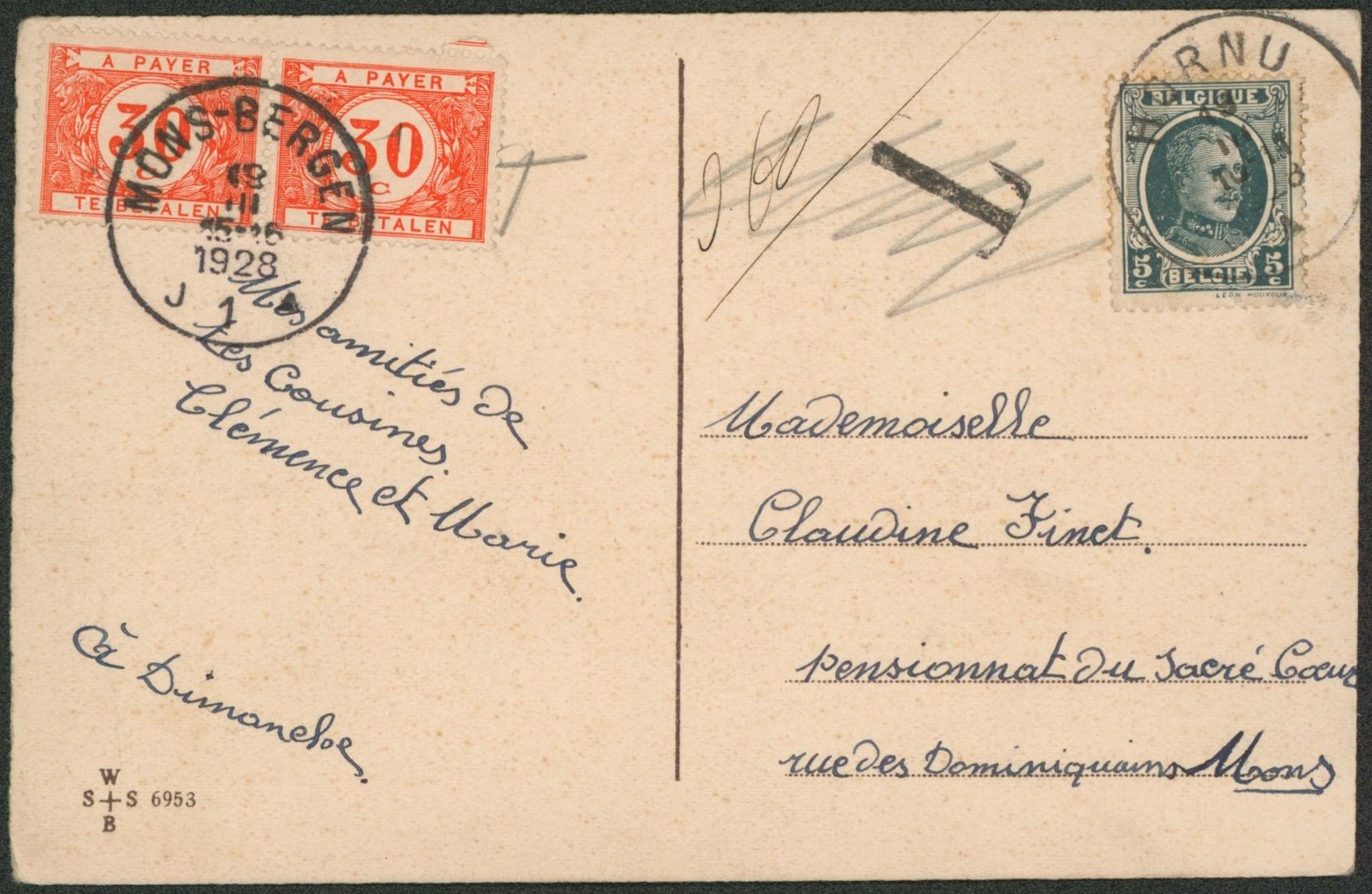 Houyoux - n°193 sur CP expédié de Hornu > Mons, première taxe annulée, puis taxée par TX35 en paire