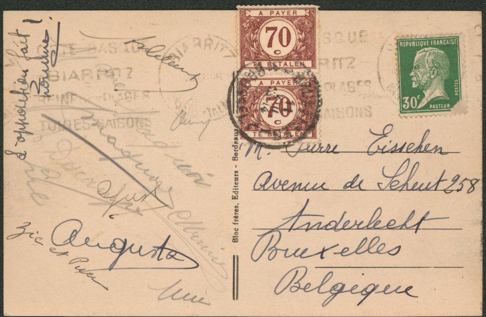 CP en provenance de France - 30Ctm de Biarritz > Bruxelles, taxé à 1F40 par TX41 en paire. 