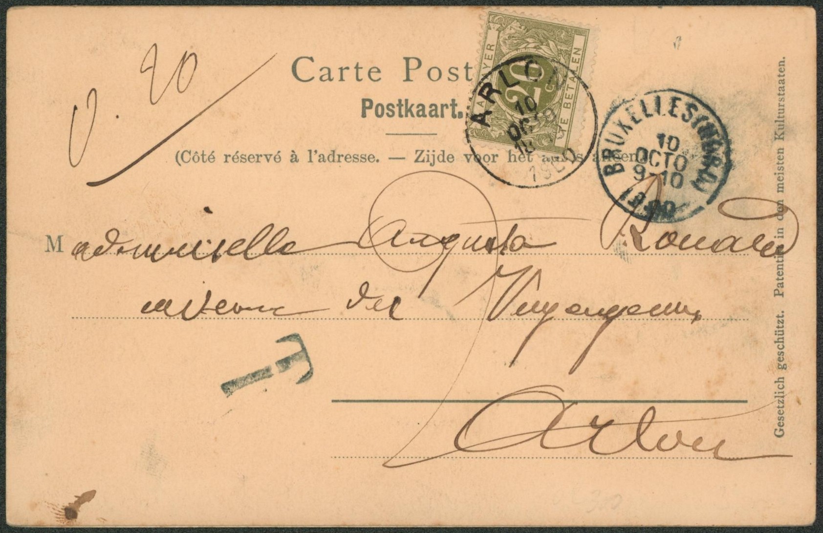 CP (relief) expédié de Bruxelles (nord) > Arlon, taxé à 20ctm car relief et texte au verso. 
