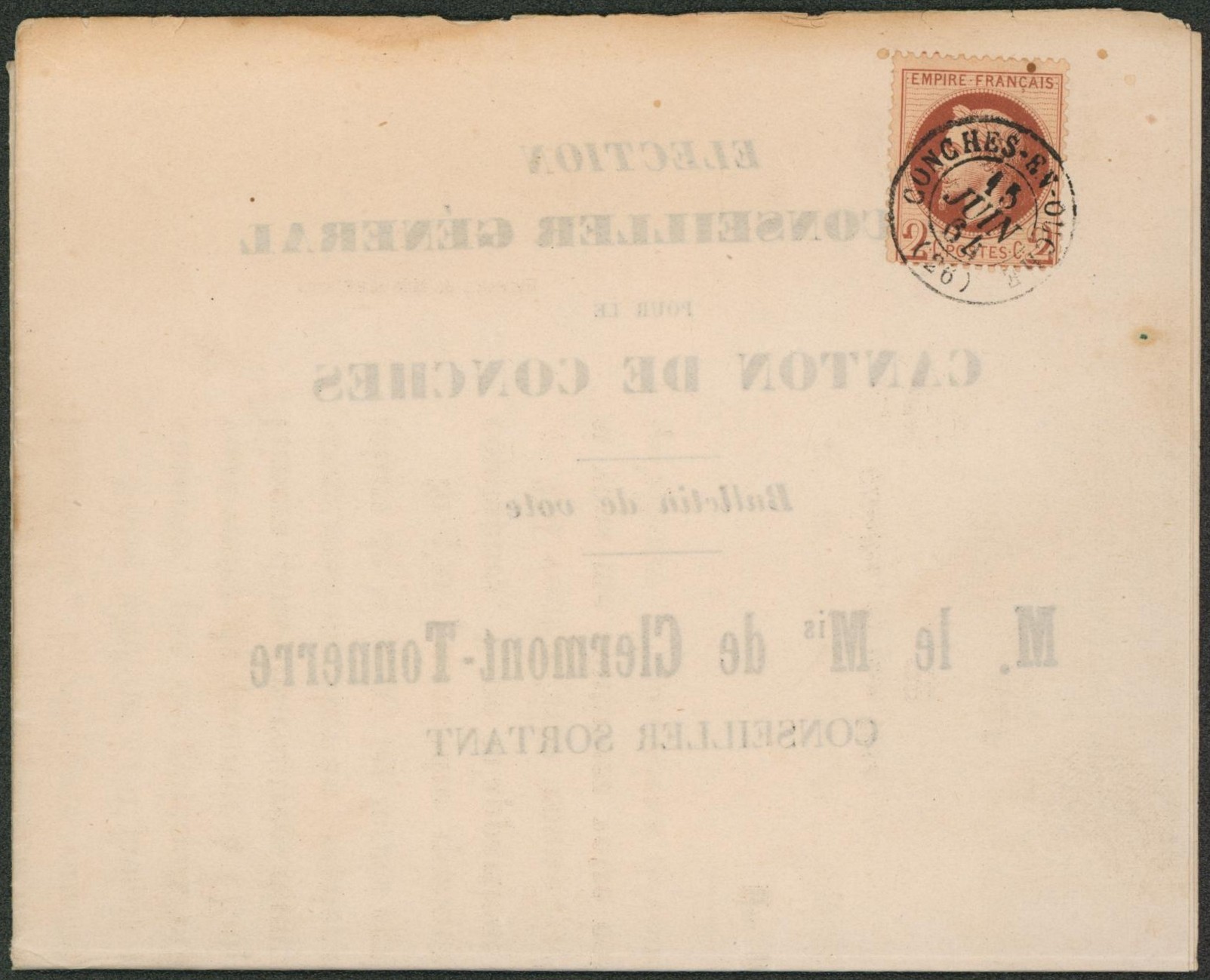 France - Yv n°26B sur imprimé " A MM. Les électeurs du canton de Conches" (Daté de Glisolles 15 juin 1864) "