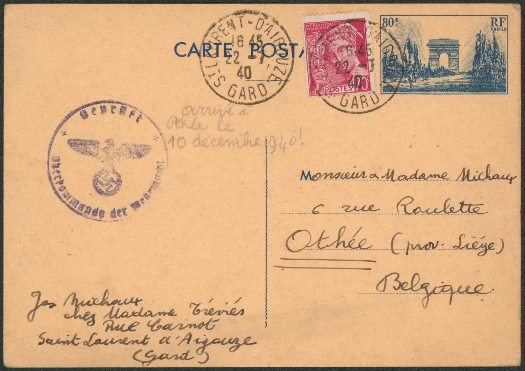 France - Entier 80C bleu + Yv n°416 expédié de Saint-Laurent d'Aigouze + censure allemande > Othée (Belgique) arrivée le 10/12/40 !