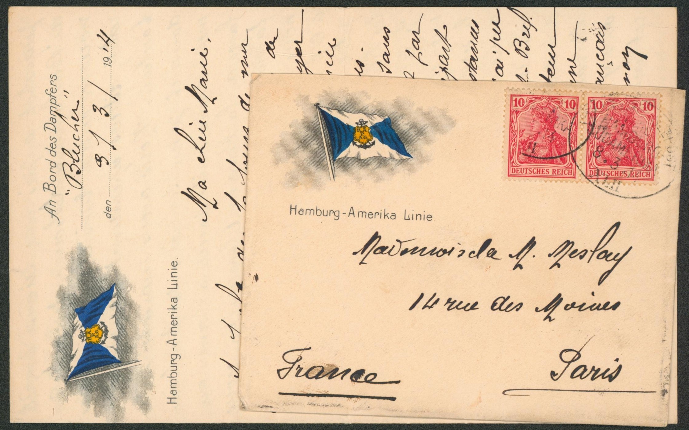 Allemagne - 10Pf rouge x2 sur lettre illustrée avec contenu (Hamburg-Amerika Line) An bord des dampfers "Blucher" + cachet ambulant > Paris / Paquebot. "