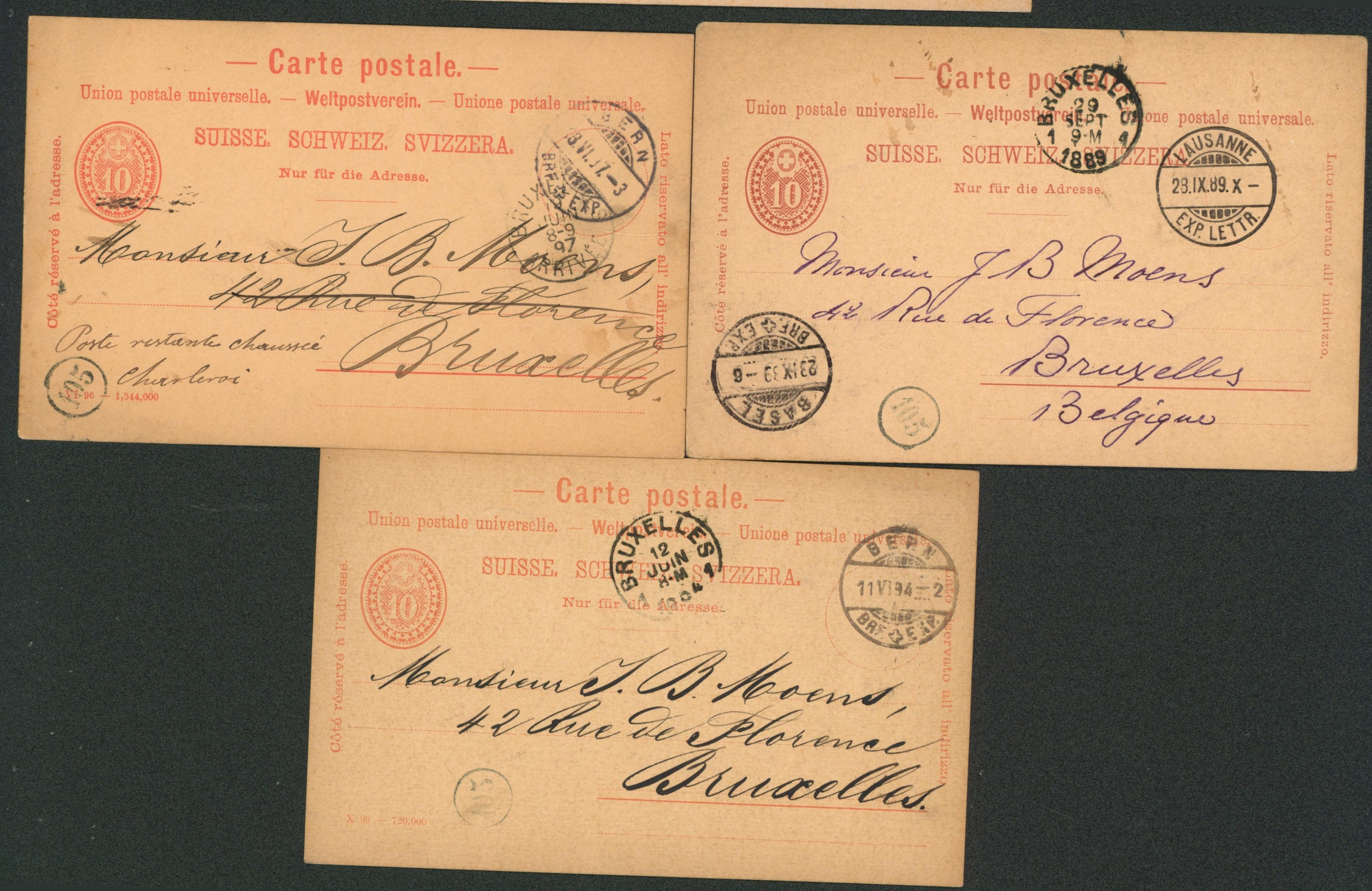 Suisse - Ensemble de 3 entiers postaux (1889 > 97) expédié de Bern x2 et un de Lausanne > J.B Moens (Marchand de timbres) Bruxelles dont un entier redirigé vers postes restante à Charleroi.