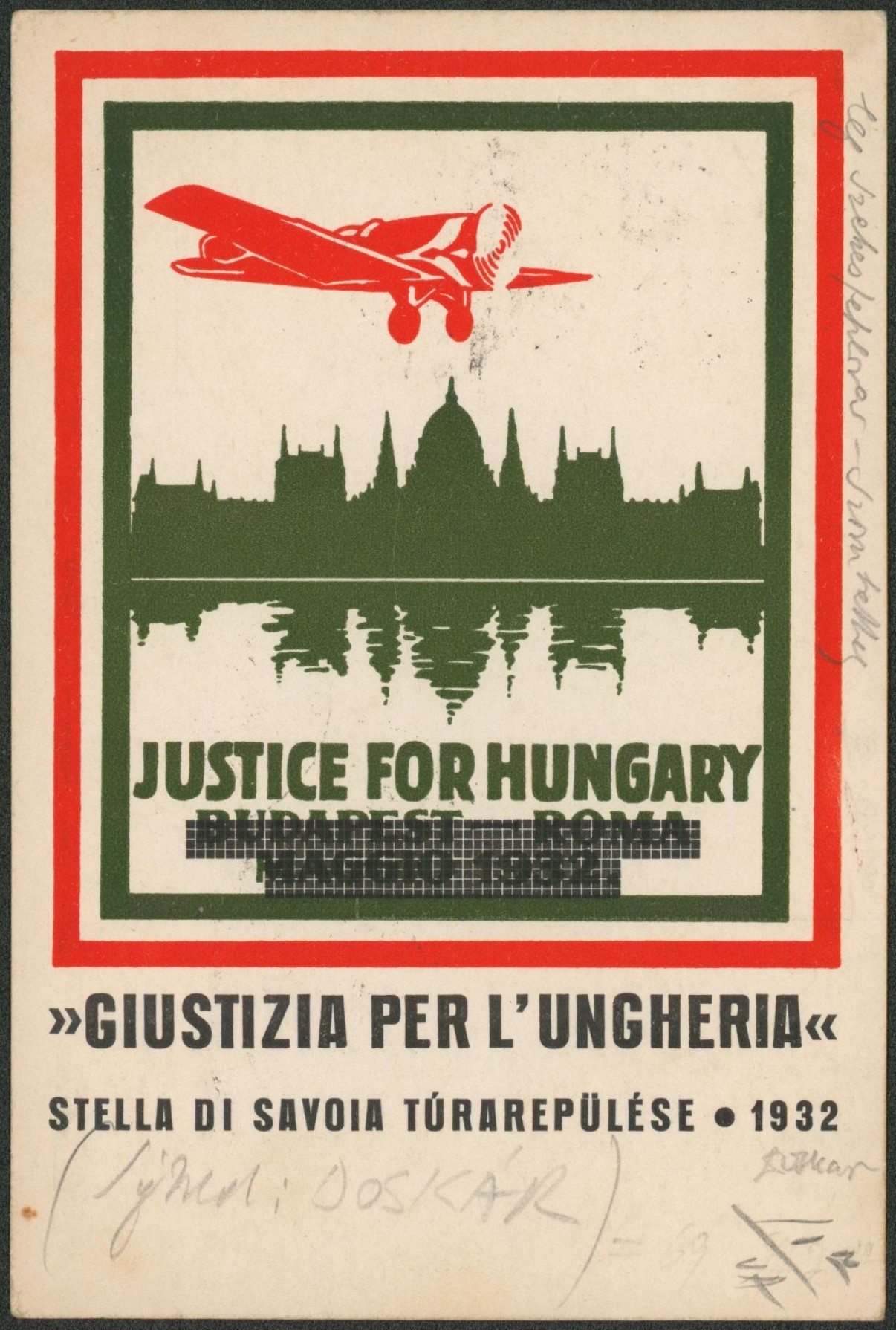 Carte de propagande aérienne "Justice for Hungary" par avion de Székesfehérvar > Szombathely + Vignette Esperento.  "